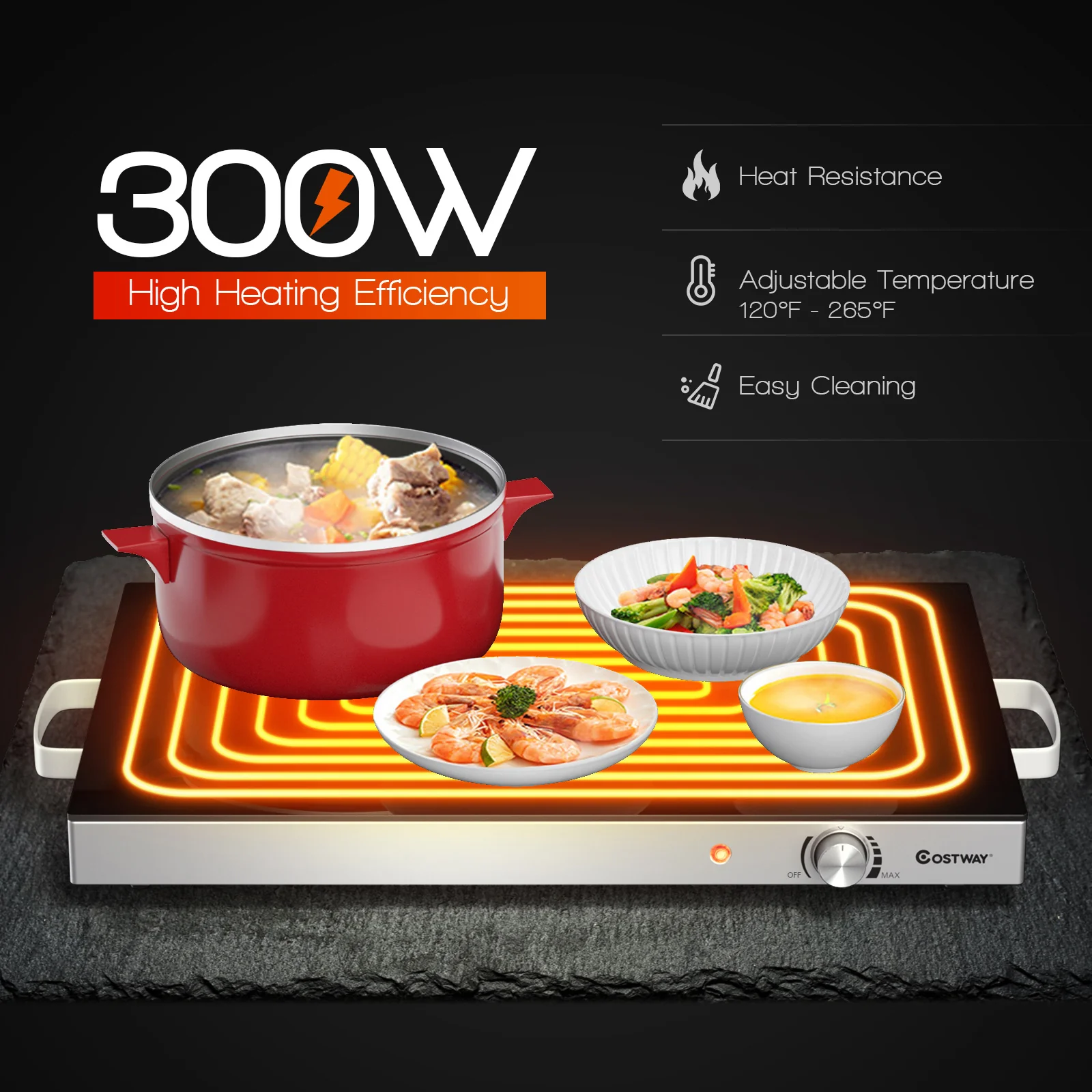 22 x 14 Inch Electric Warming Tray, Adjustable Temperature, Silver - Image 6