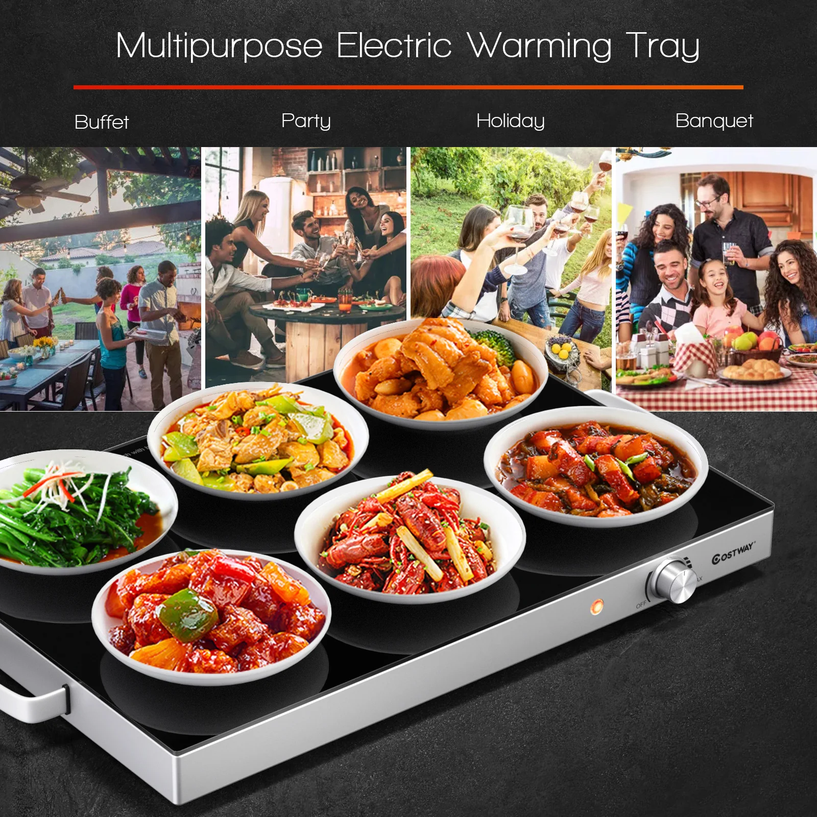 22 x 14 Inch Electric Warming Tray, Adjustable Temperature, Silver - Image 7