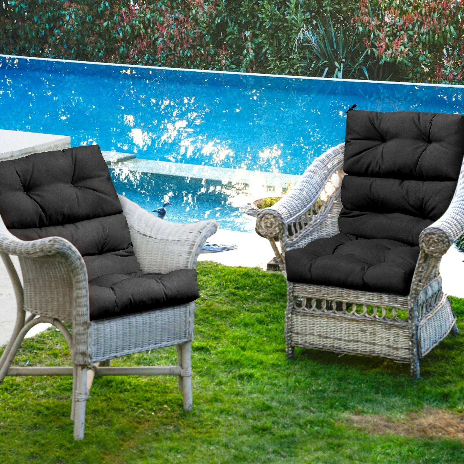 22 x 44 Inch Tufted Outdoor Patio Chair Pad, Black - Image 3