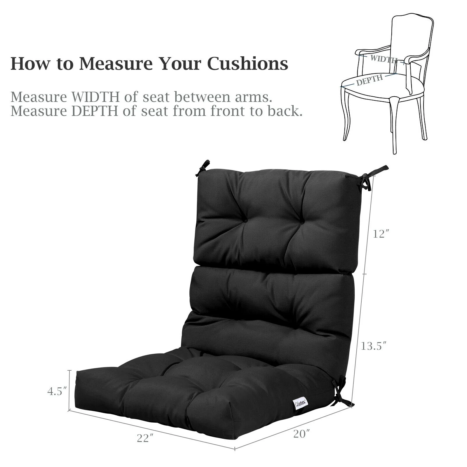22 x 44 Inch Tufted Outdoor Patio Chair Pad, Black - Image 6