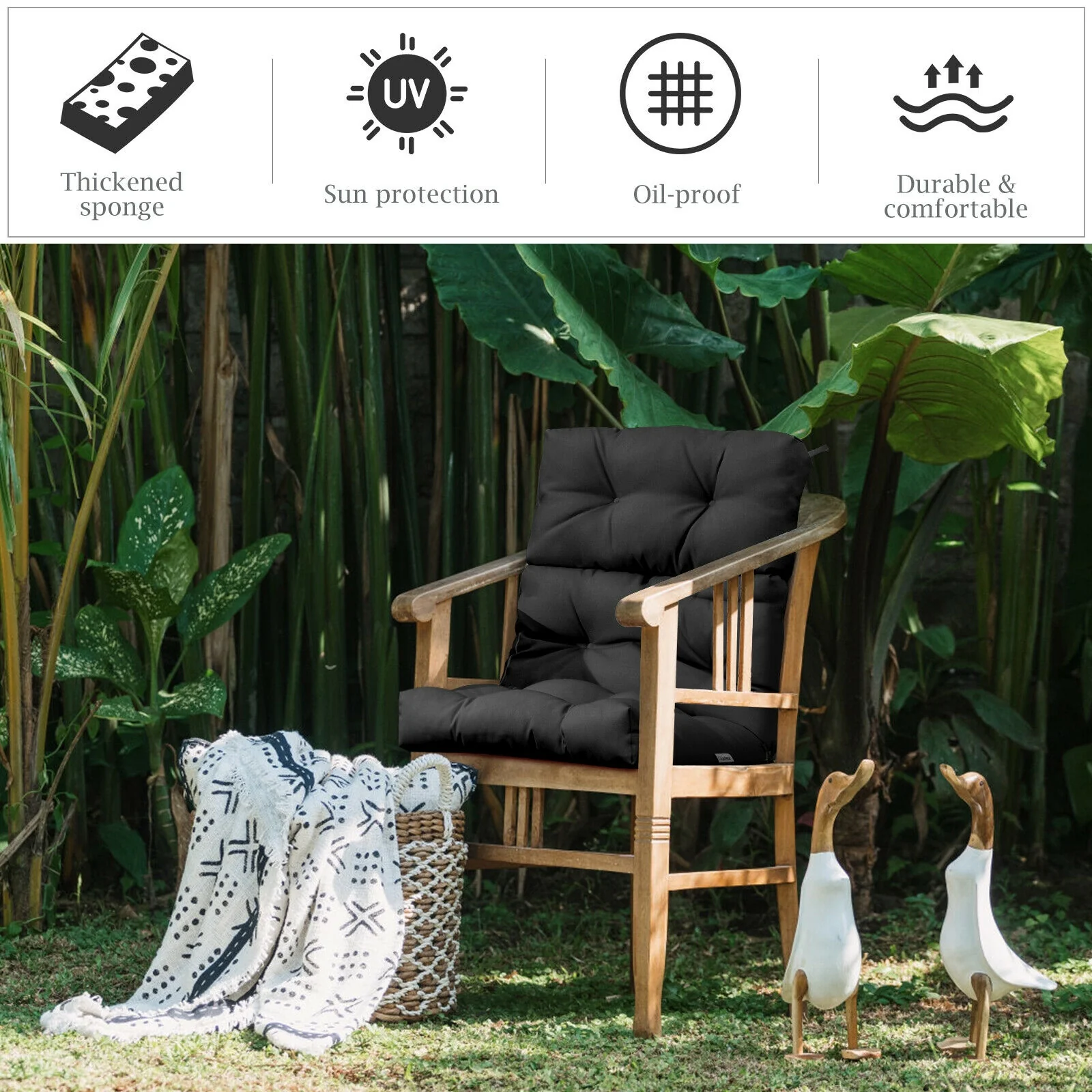 22 x 44 Inch Tufted Outdoor Patio Chair Pad, Black - Image 9