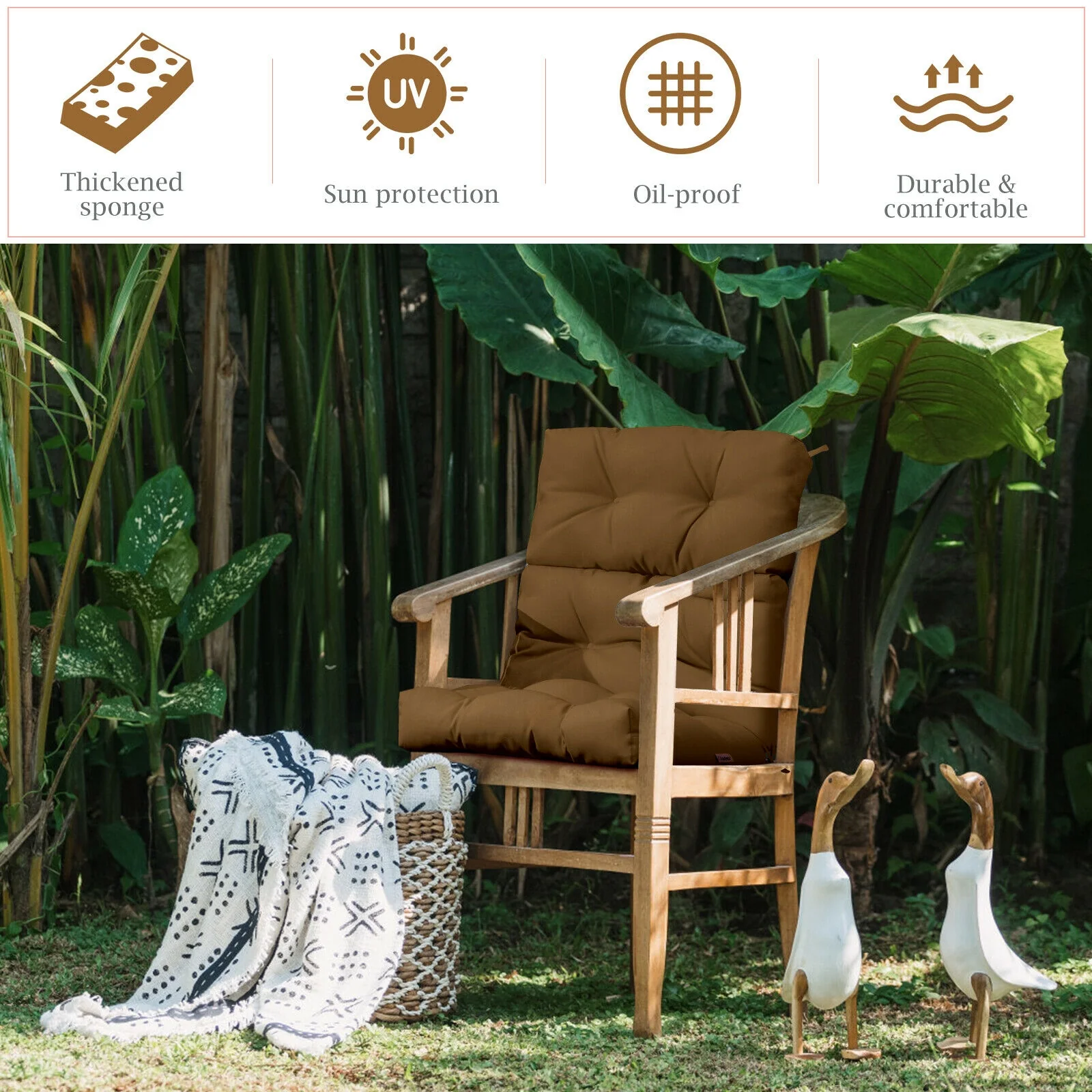 22 x 44 Inch Tufted Outdoor Patio Chair Pad, Brown - Image 9