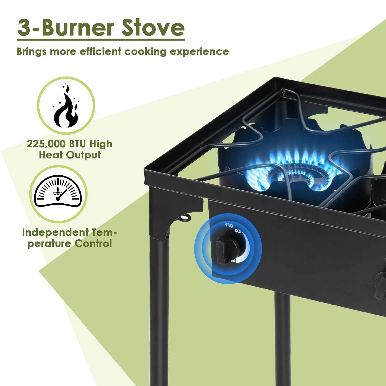 225000 BTU Portable Propane 3 Burner Gas Cooker, Black - Image 10
