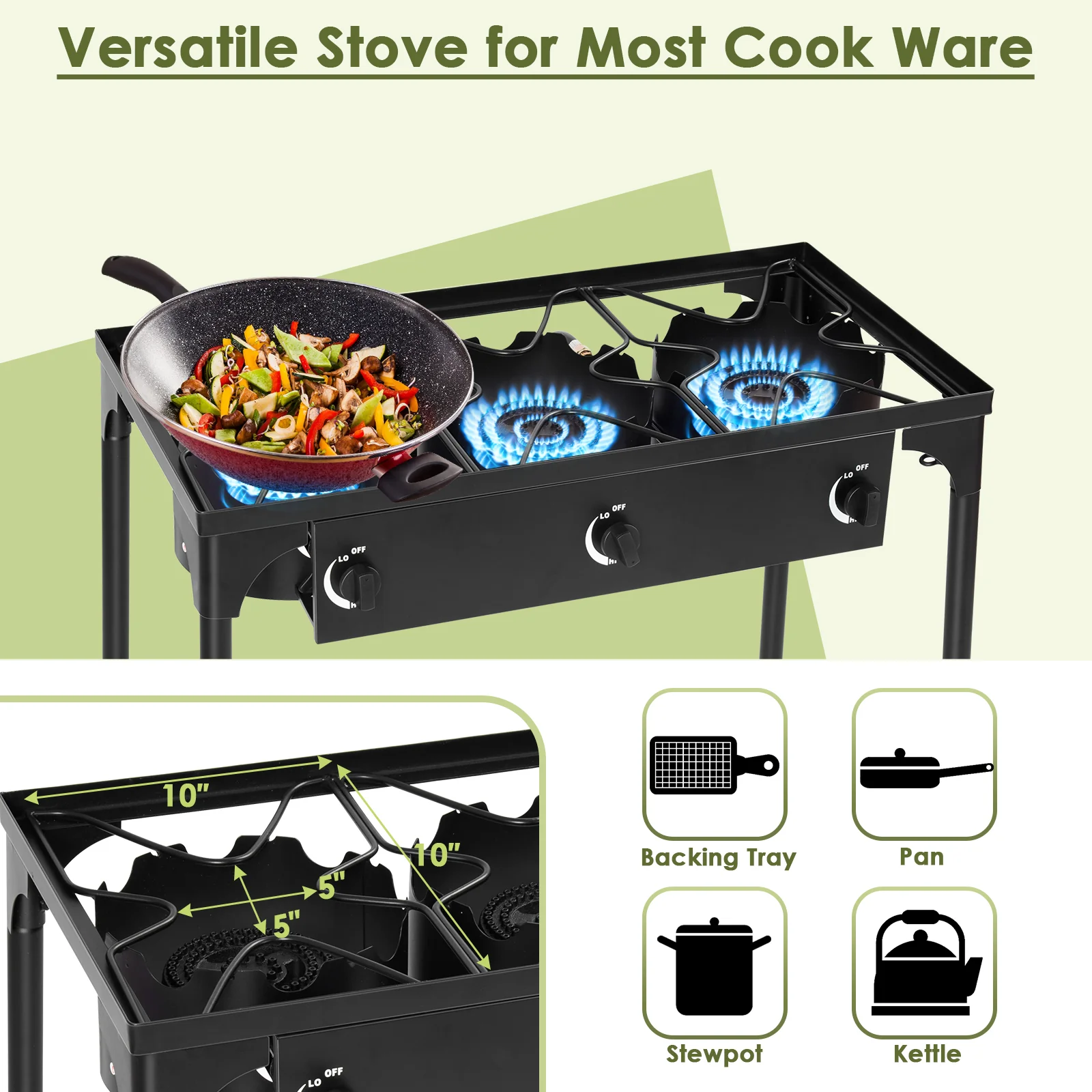 225000 BTU Portable Propane 3 Burner Gas Cooker, Black - Image 3
