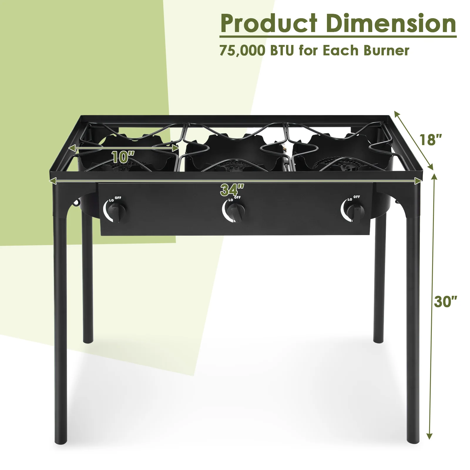 225000 BTU Portable Propane 3 Burner Gas Cooker, Black - Image 5