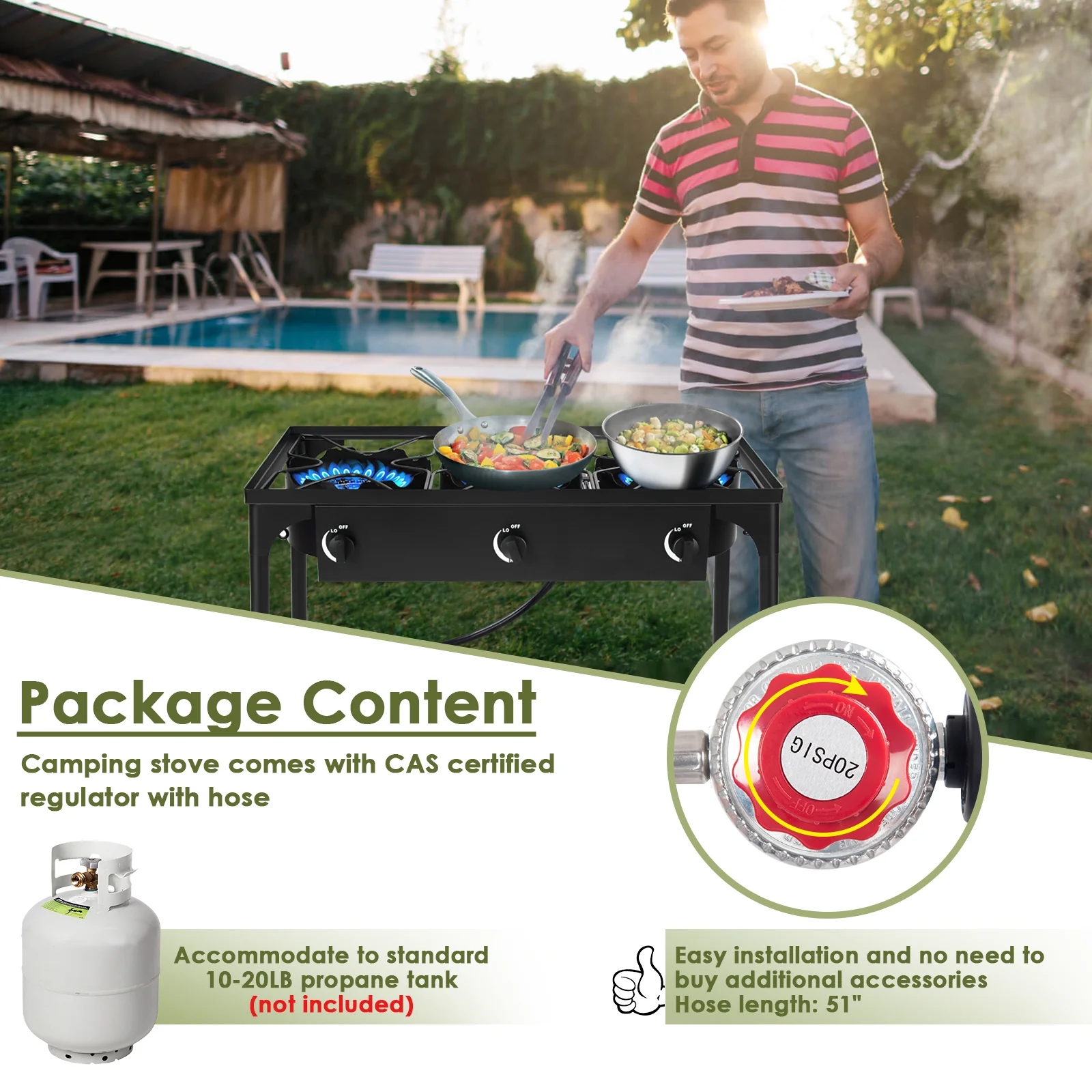 225000 BTU Portable Propane 3 Burner Gas Cooker, Black - Image 9
