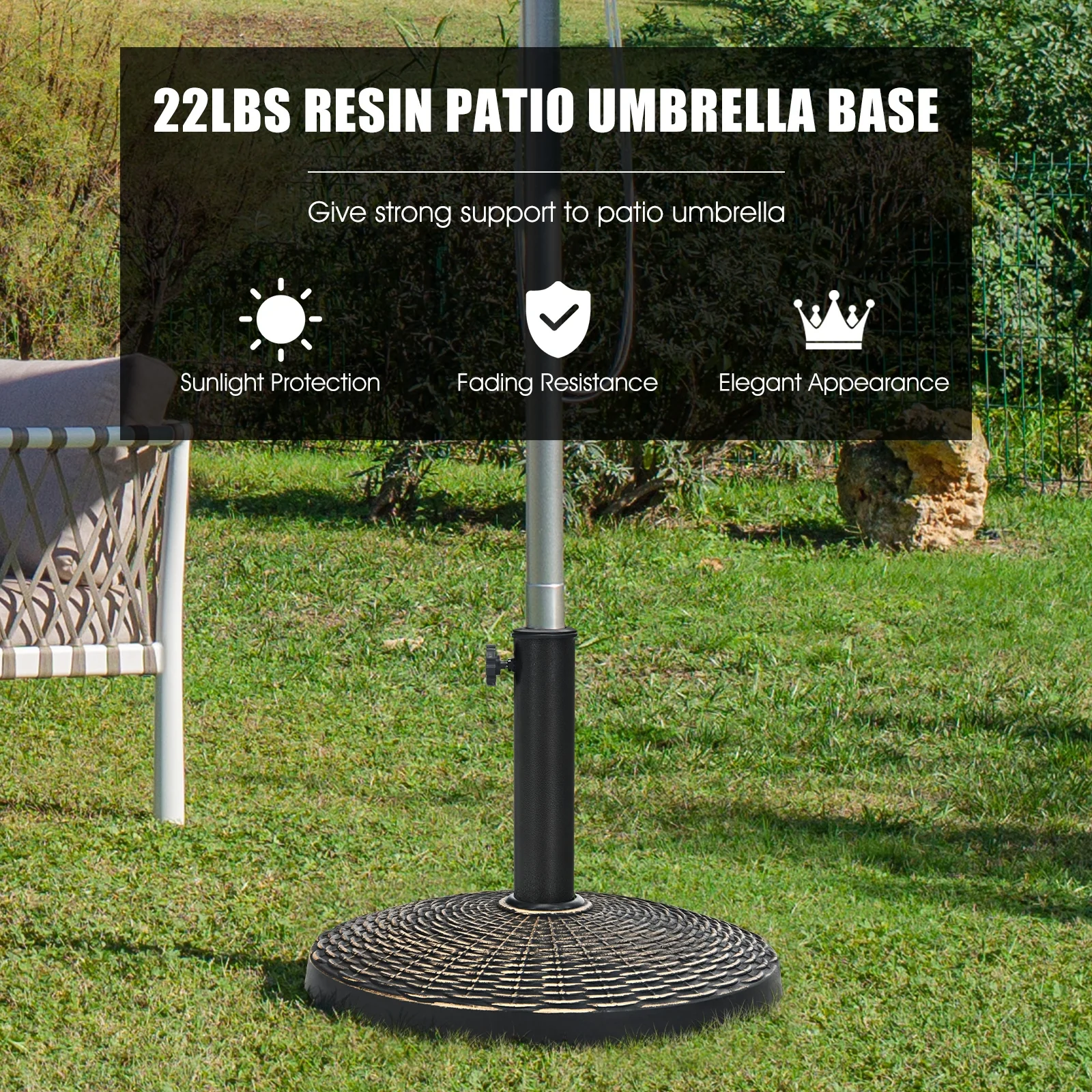 22Lbs Patio Resin Umbrella Base, Wicker Style, Bronze - Image 3