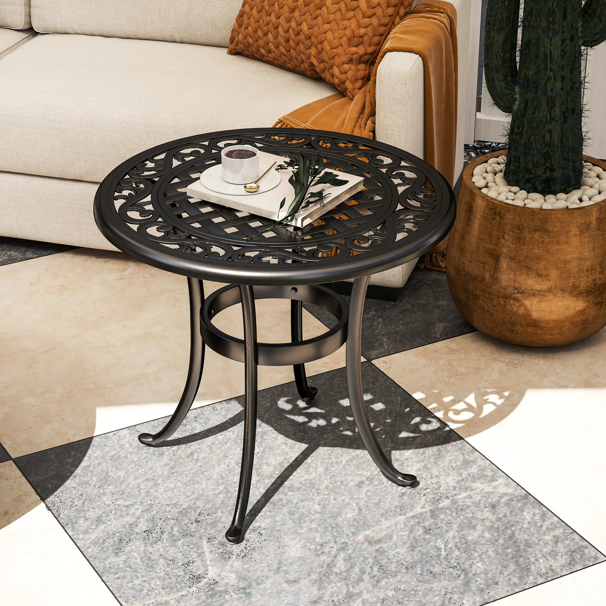 23.6" Round Outdoor Side Table, Cast Aluminum Frame, Black - Image 2