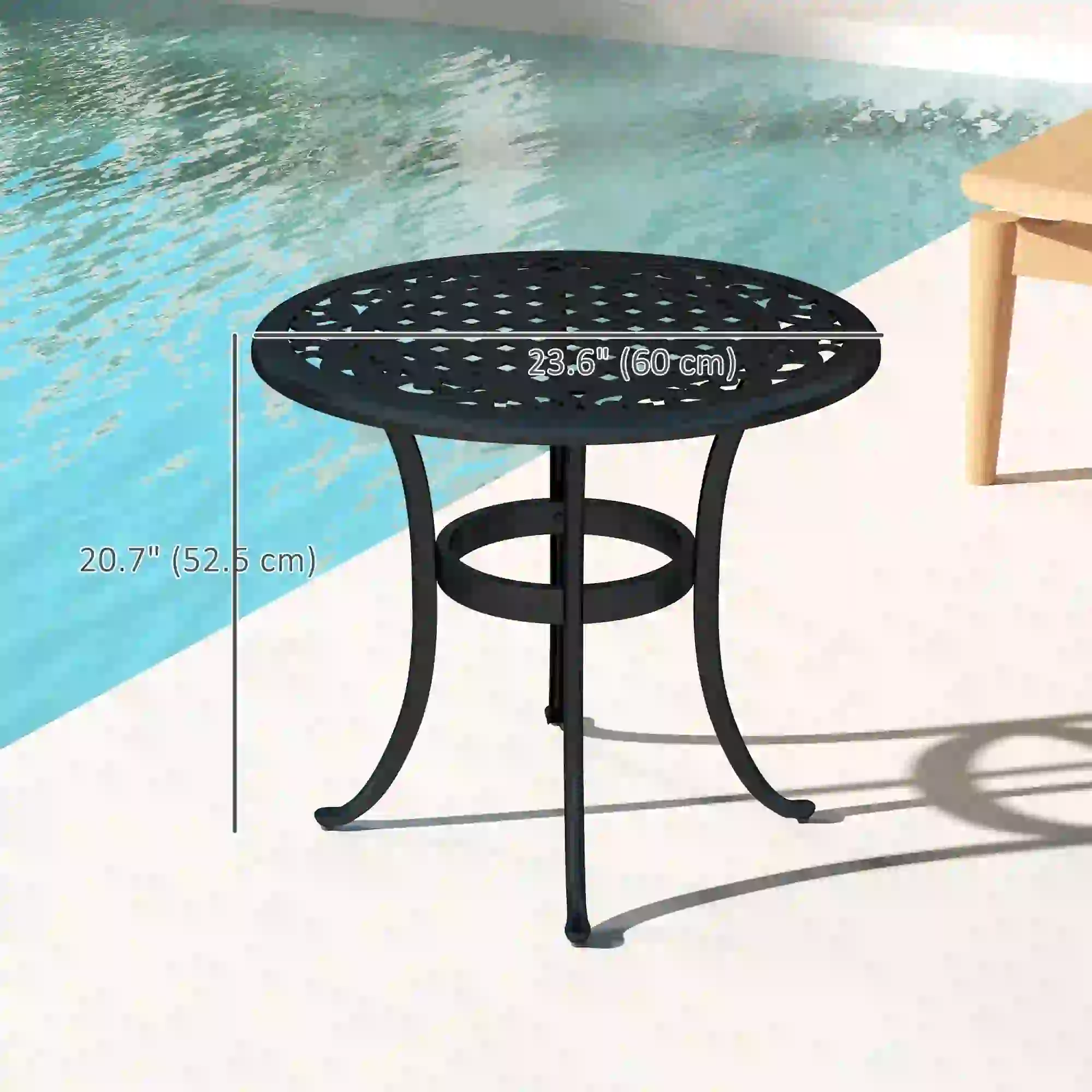 23.6" Round Outdoor Side Table, Cast Aluminum Frame, Black - Image 3