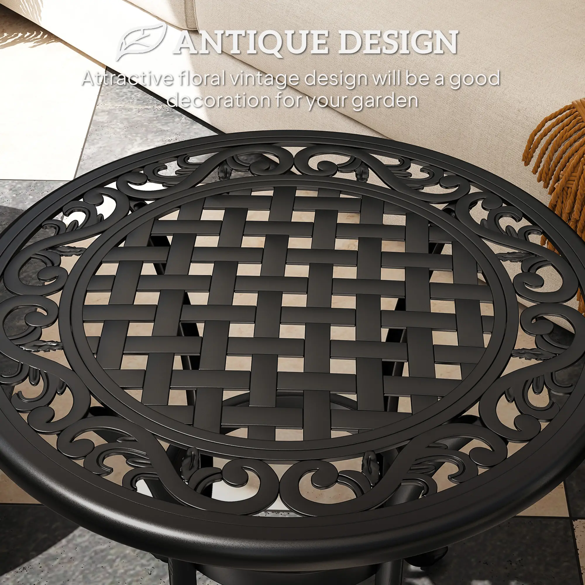 23.6" Round Outdoor Side Table, Cast Aluminum Frame, Black - Image 4