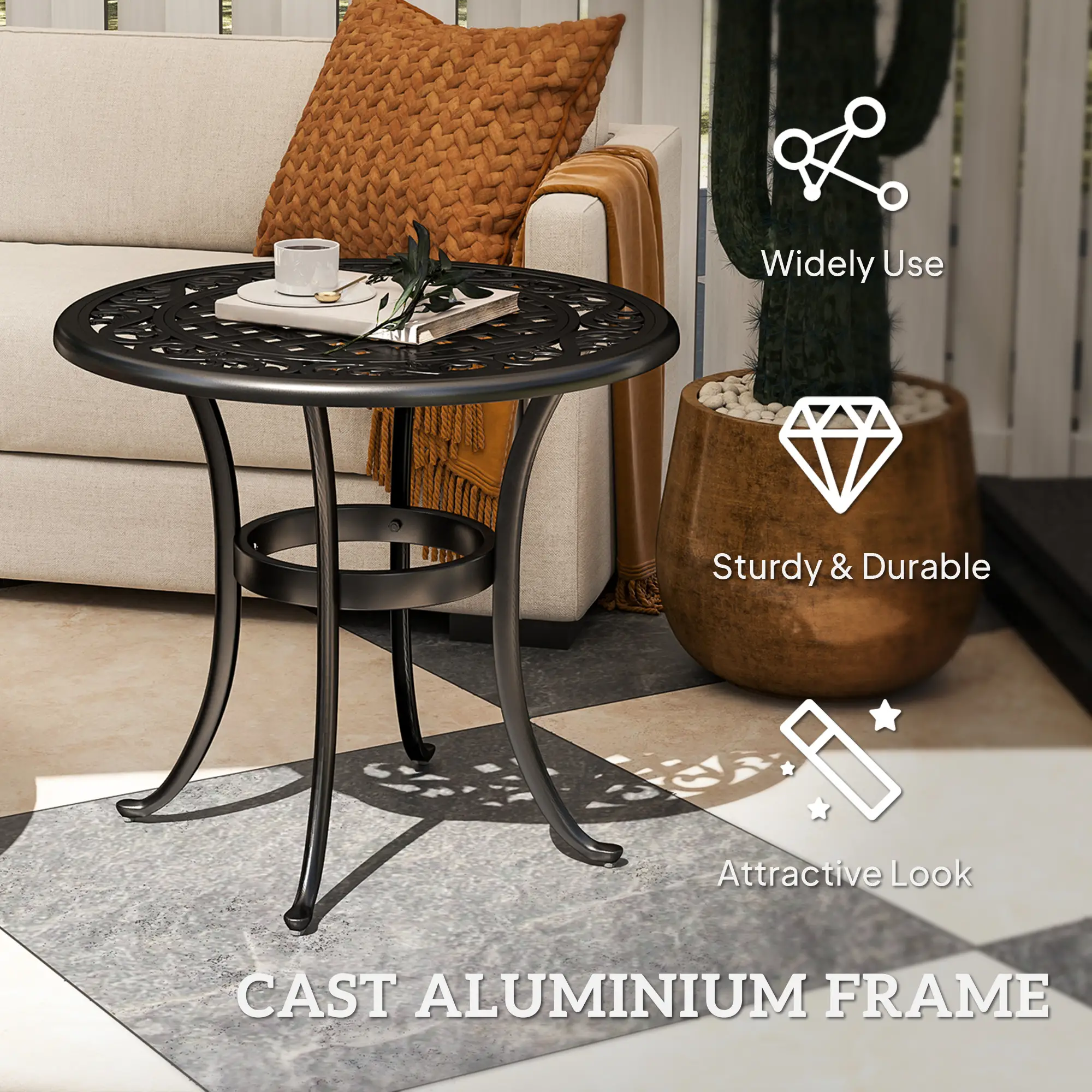23.6" Round Outdoor Side Table, Cast Aluminum Frame, Black - Image 5