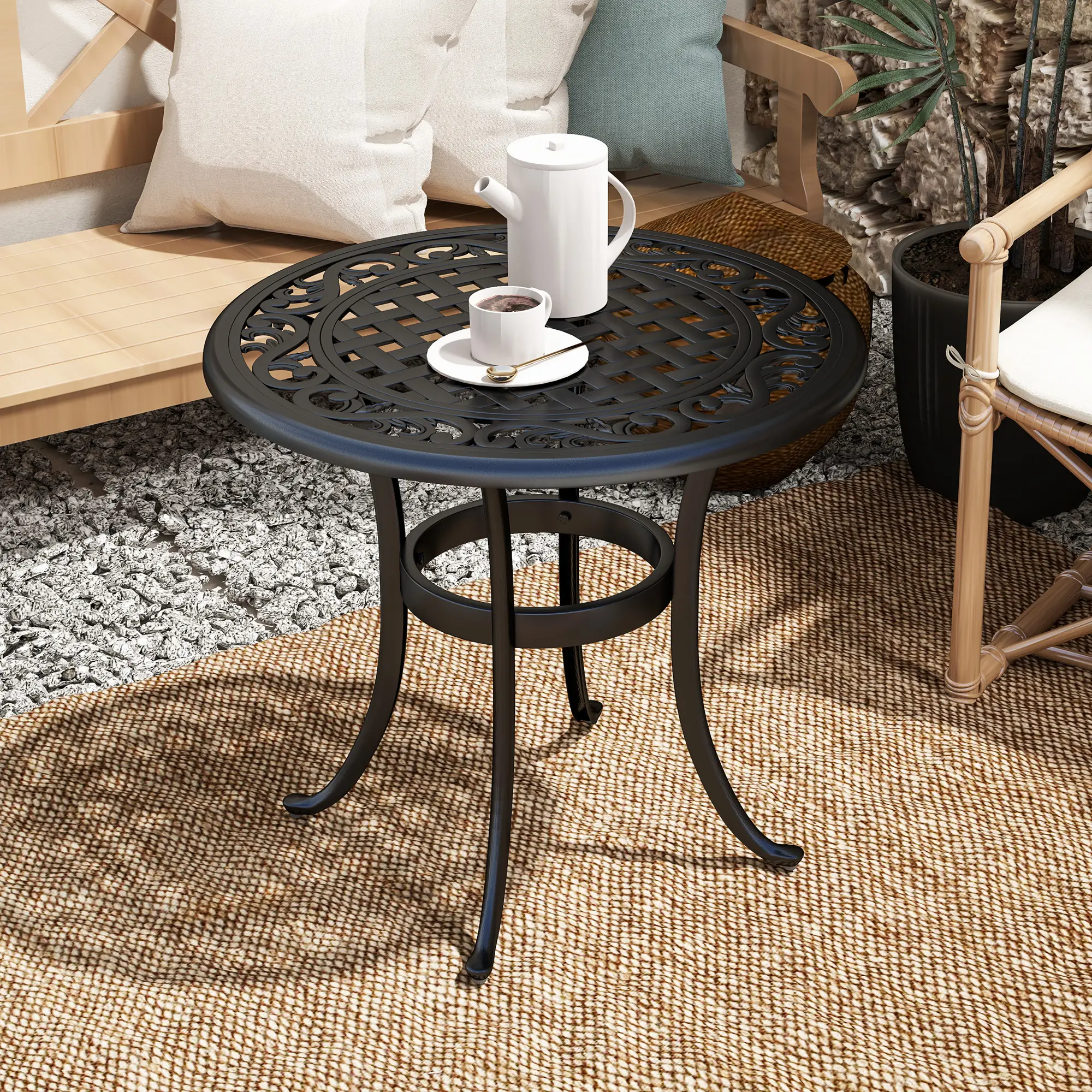 23.6" Round Outdoor Side Table, Cast Aluminum Frame, Black - Image 7