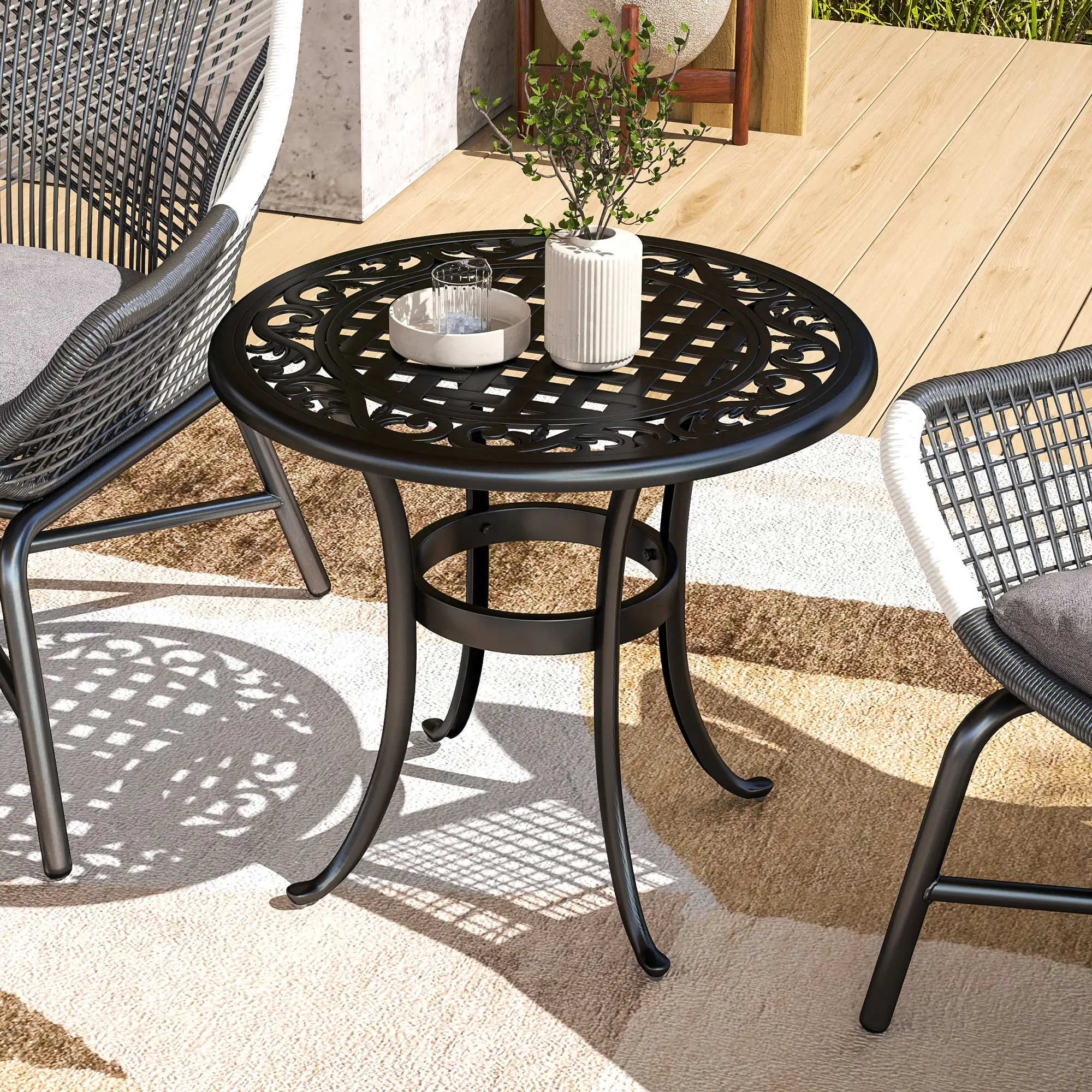23.6" Round Outdoor Side Table, Cast Aluminum Frame, Black - Image 8
