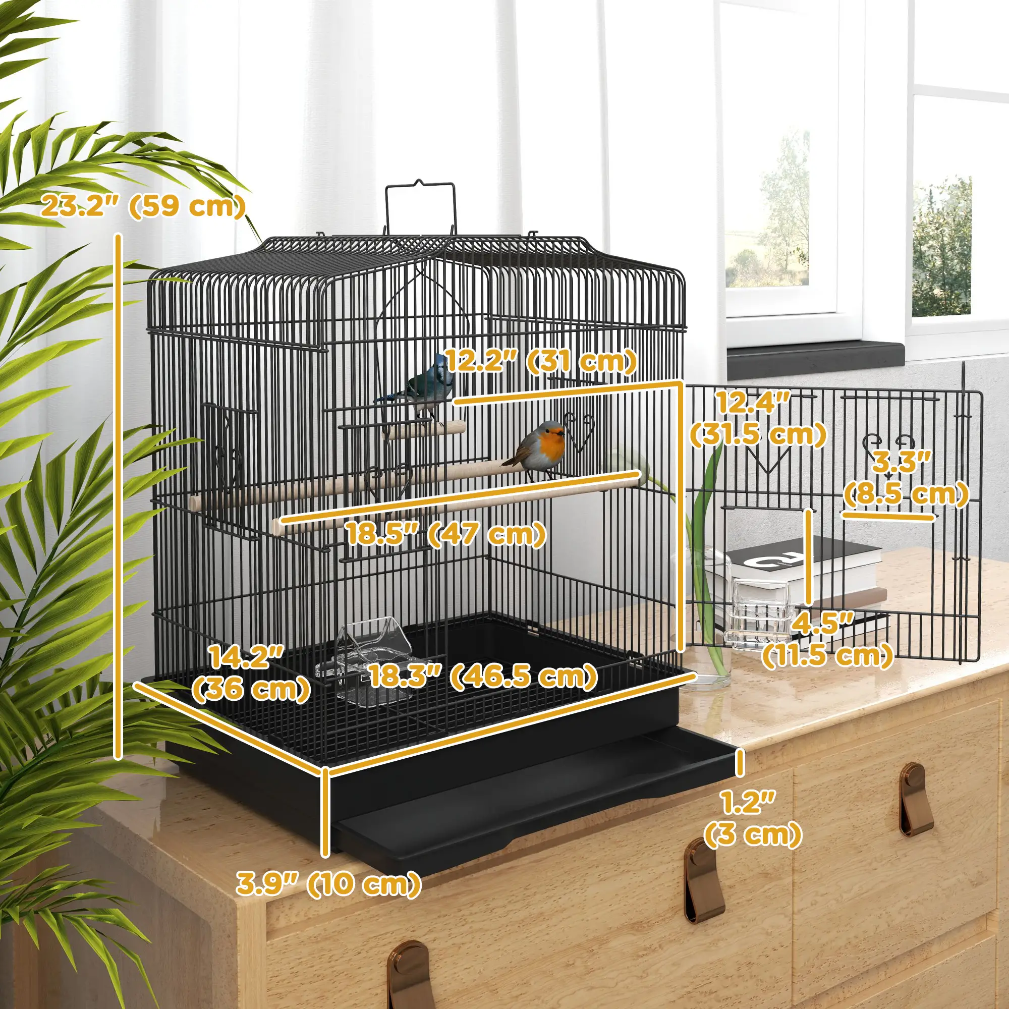 23" Bird Cage, Finches Canaries, Parrot Cage, 2 Feeders, Black - Image 3