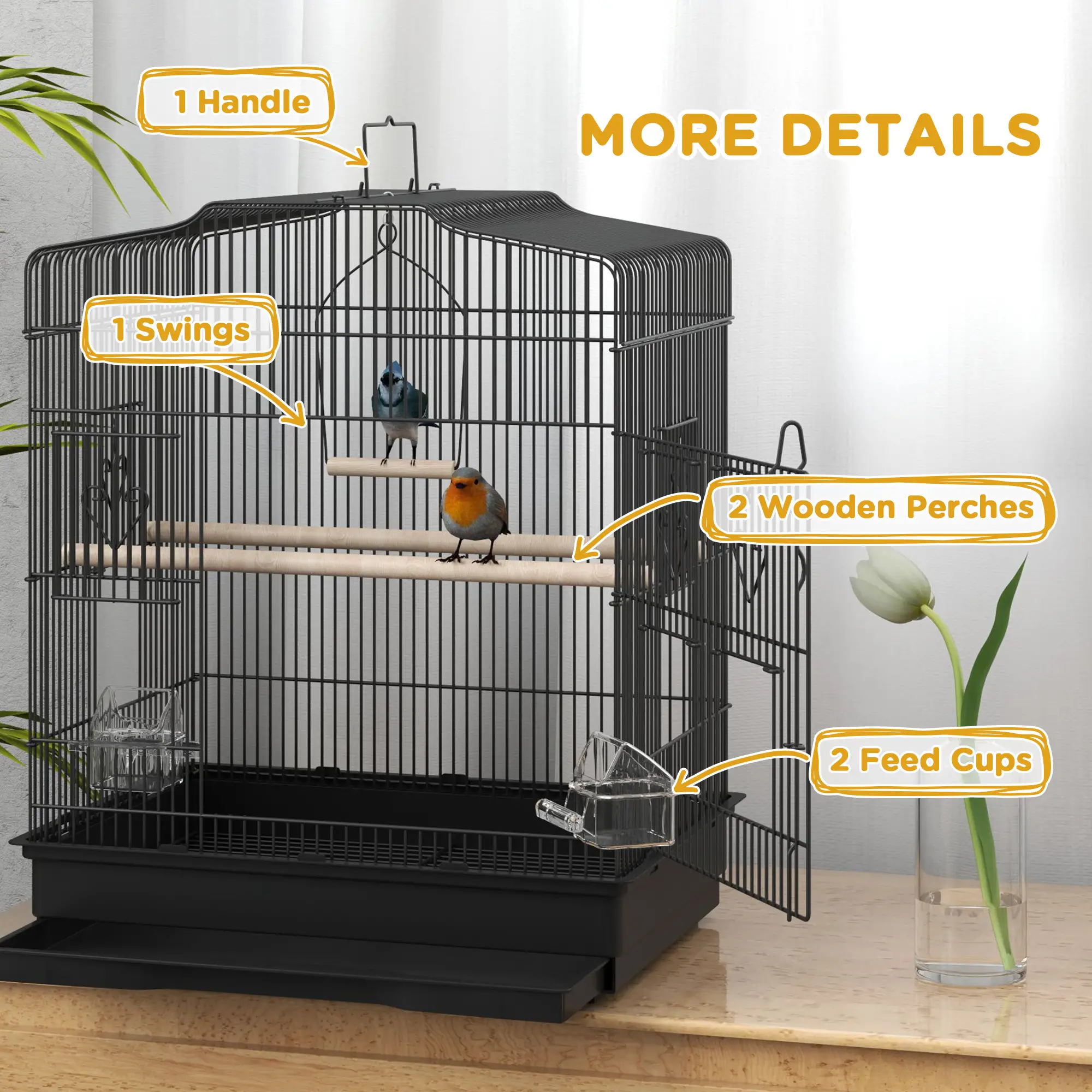 23" Bird Cage, Finches Canaries, Parrot Cage, 2 Feeders, Black - Image 6