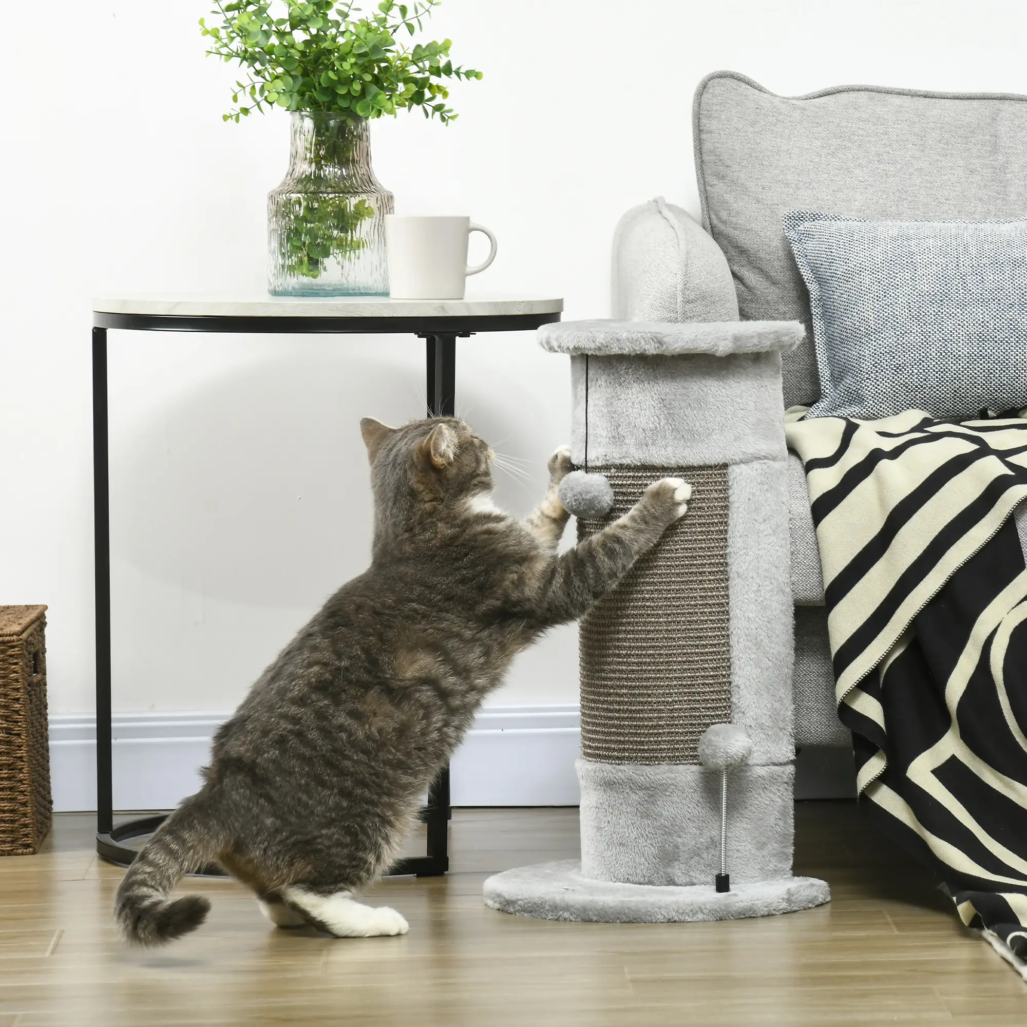 23" Cat Scratching Post, Covered Plush, Play Balls, Indoor Cats, Grey - Image 2