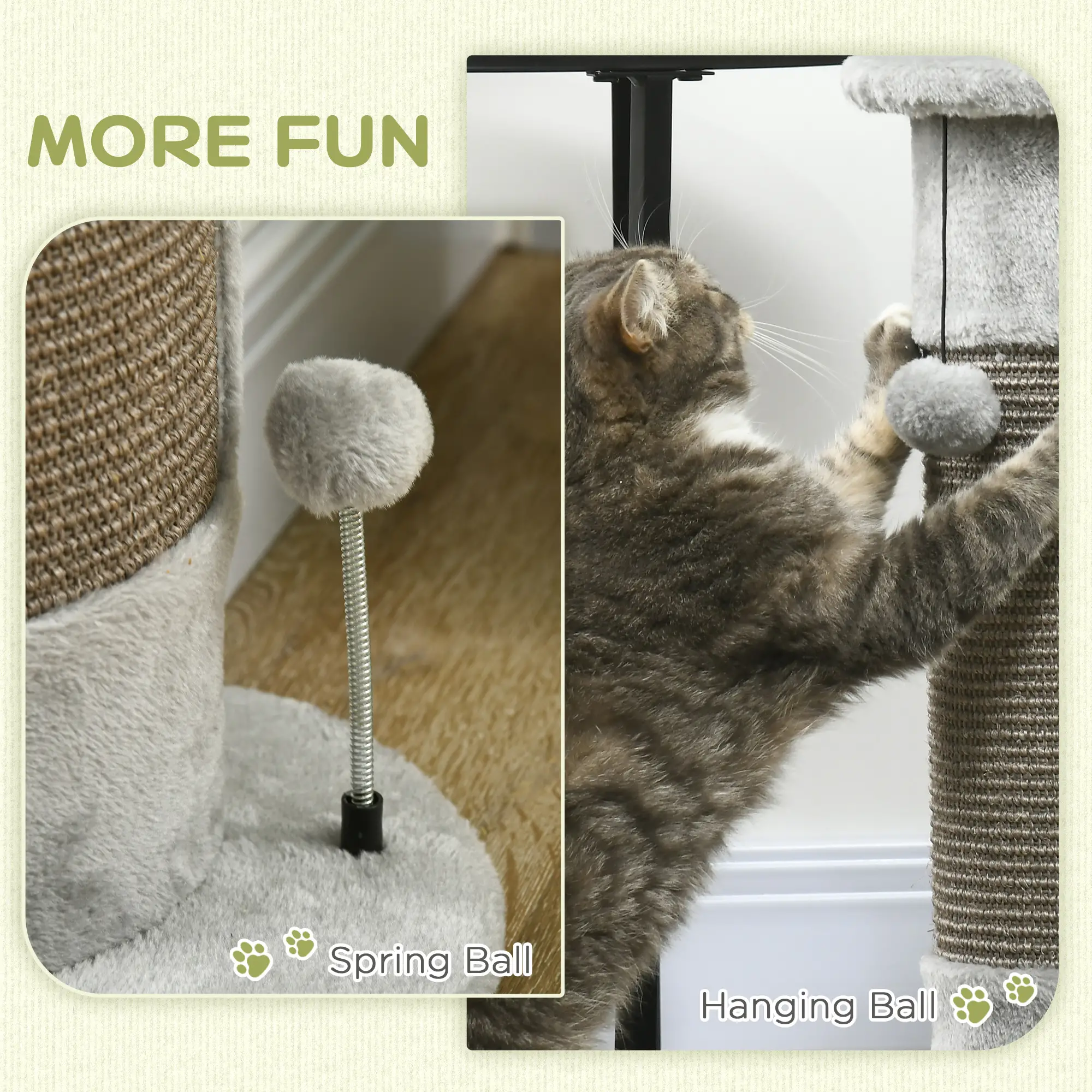 23" Cat Scratching Post, Covered Plush, Play Balls, Indoor Cats, Grey - Image 4