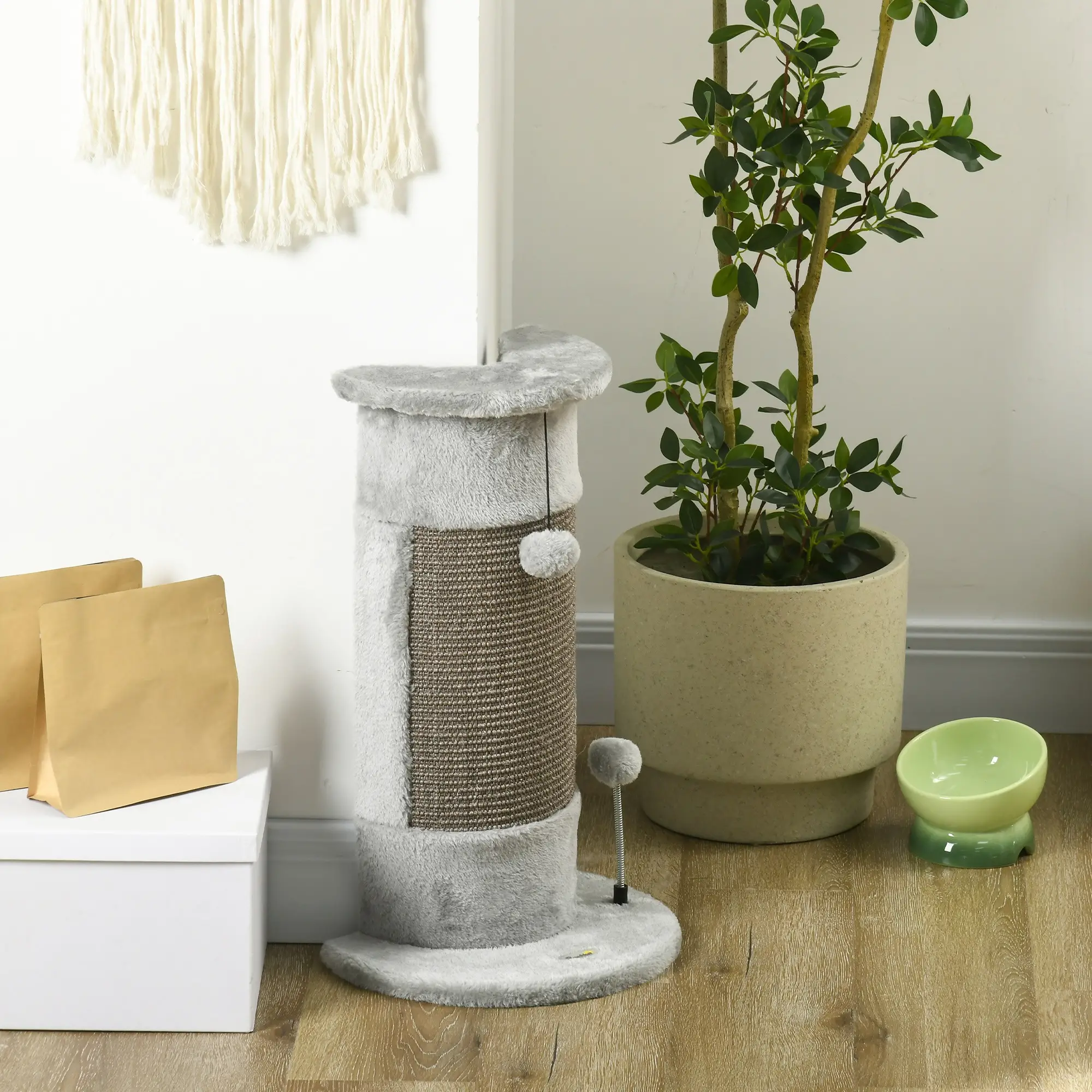 23" Cat Scratching Post, Covered Plush, Play Balls, Indoor Cats, Grey - Image 8