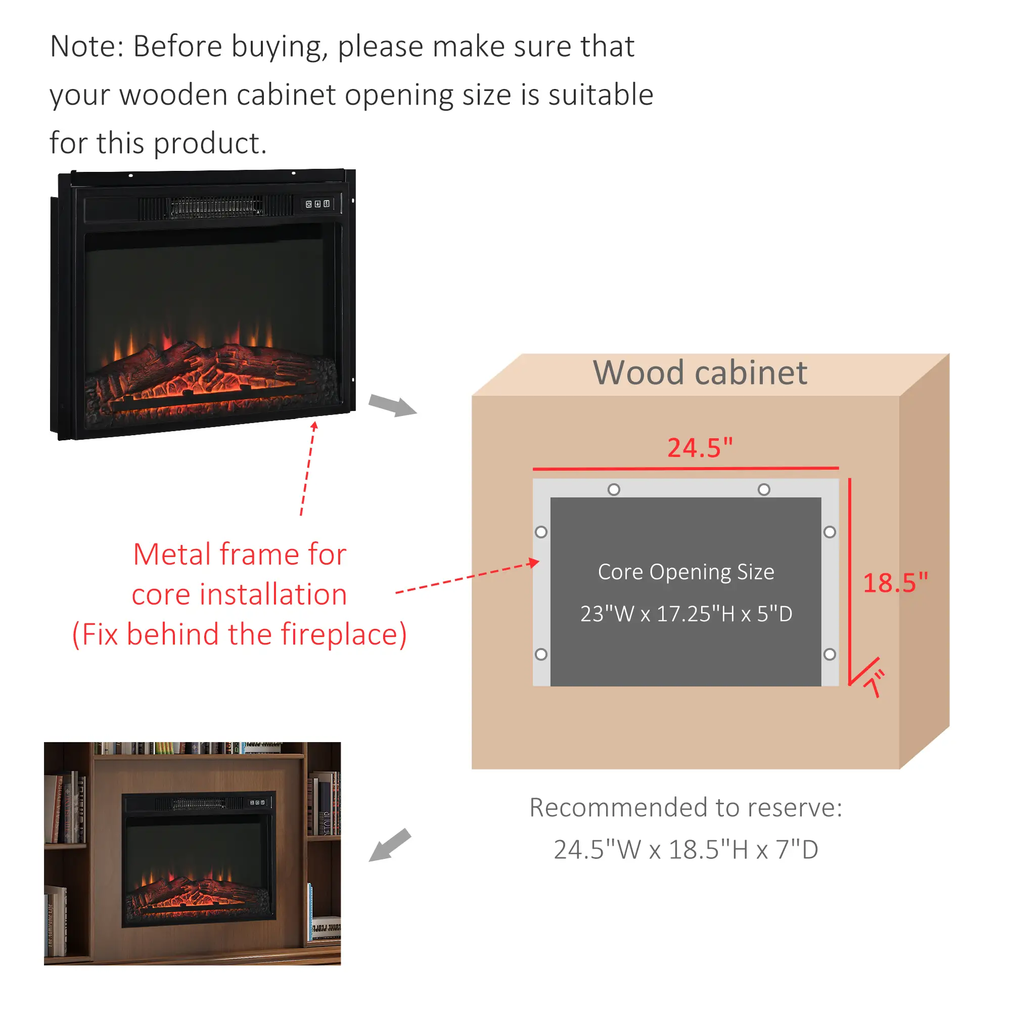 23" Electric Fireplace Insert, Realistic Log Flames, Adjustable Brightness, 1400W, Black - Image 7