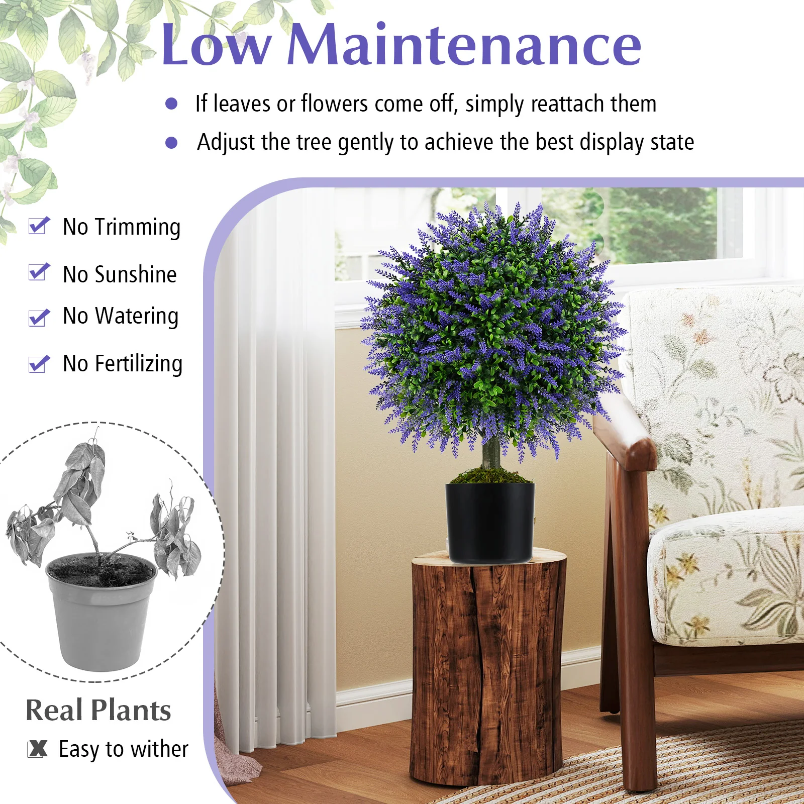 23 Inch Artificial Topiary Trees, Cement Pot, Purple - Image 10