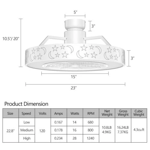 23 Inch Ceiling Fan With LED Light, Remote Control, White - Image 5