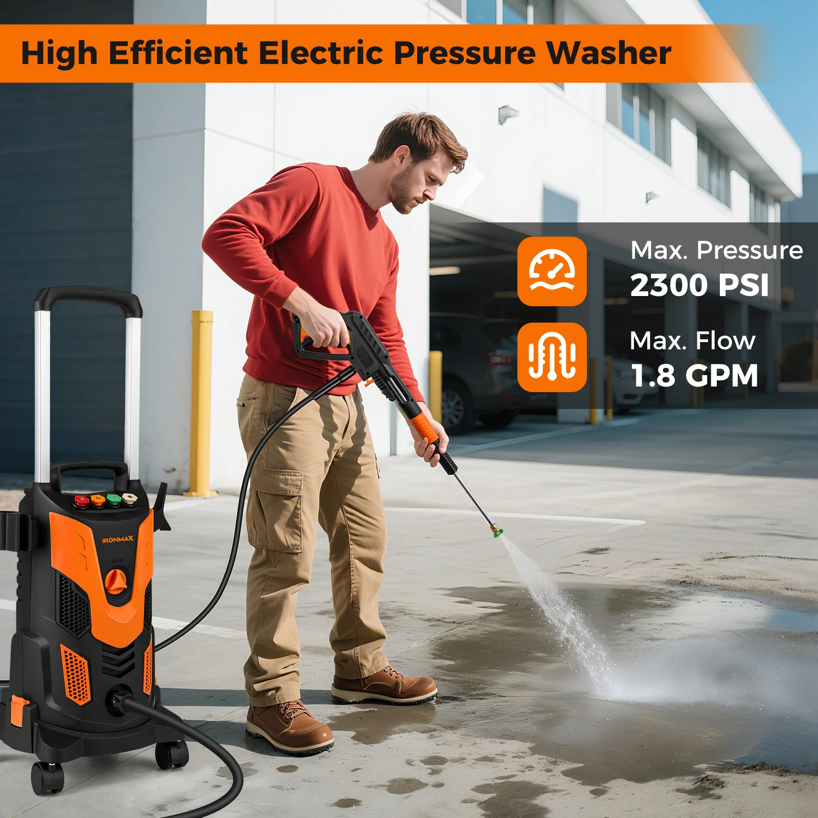 2300 PSI 1.8 GPM Electric High Pressure Power Washer, Orange - Image 5