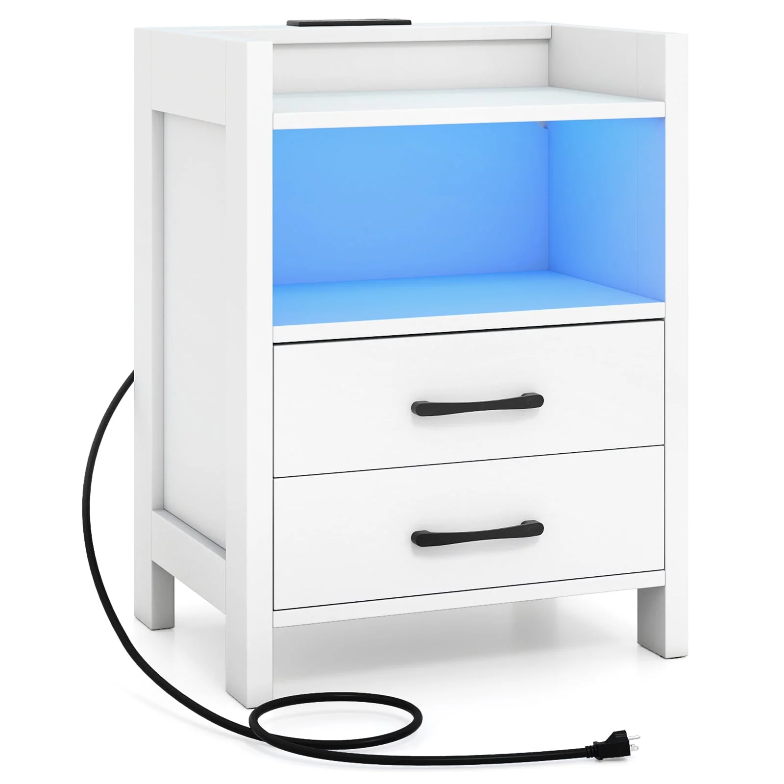 23.5 Inches Nightstand with Charging Station and Open Storage Shelf, White