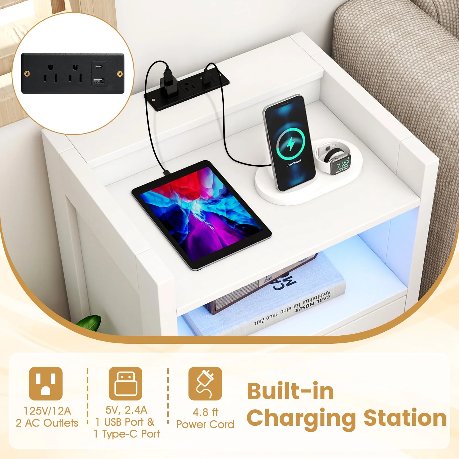 23.5 Inches Nightstand with Charging Station and Open Storage Shelf, White - Image 10