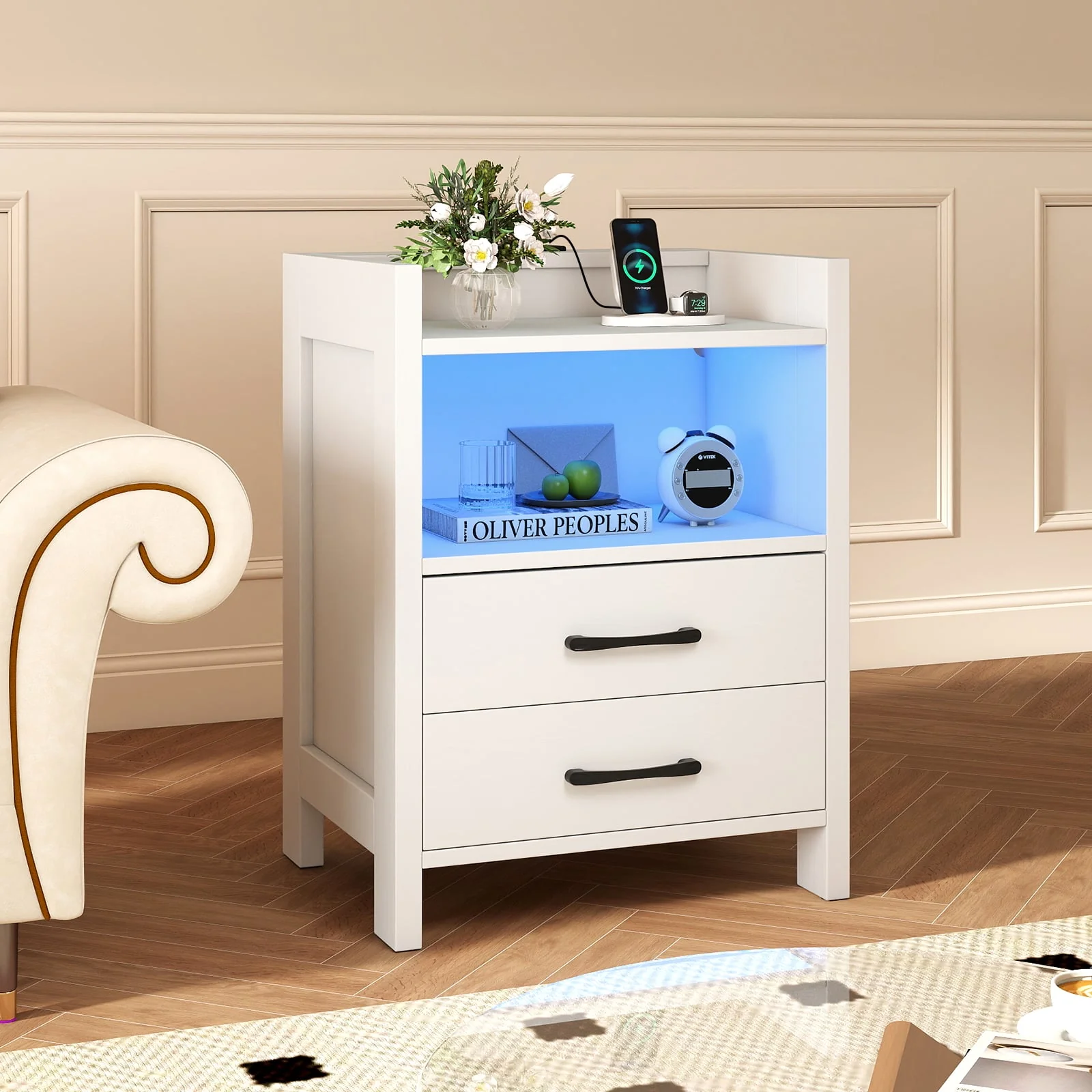 23.5 Inches Nightstand with Charging Station and Open Storage Shelf, White - Image 2