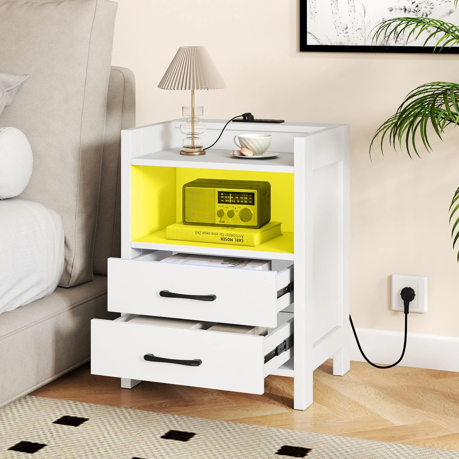 23.5 Inches Nightstand with Charging Station and Open Storage Shelf, White - Image 3