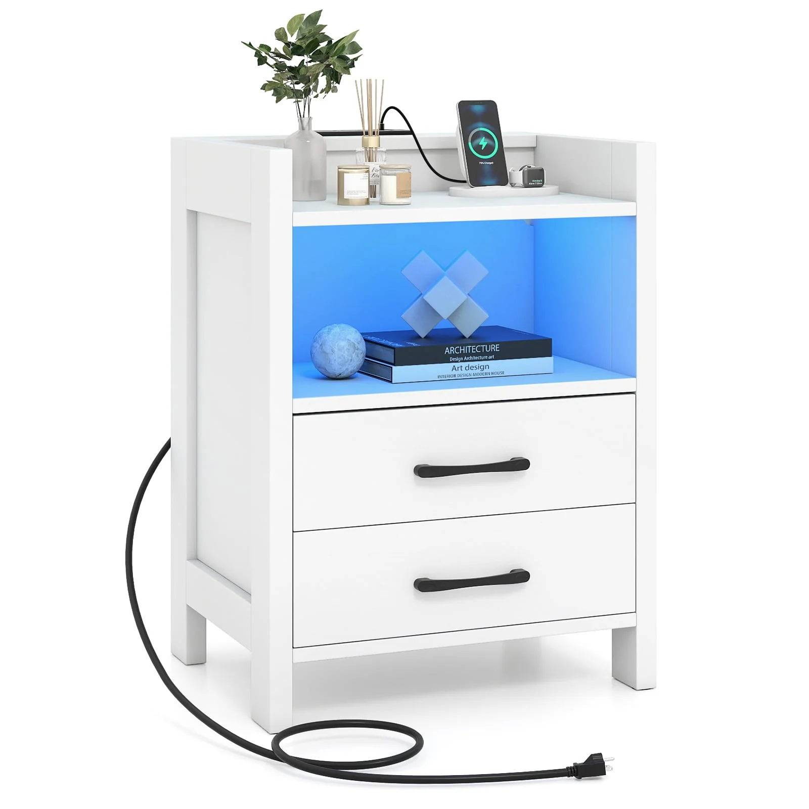 23.5 Inches Nightstand with Charging Station and Open Storage Shelf, White - Image 5