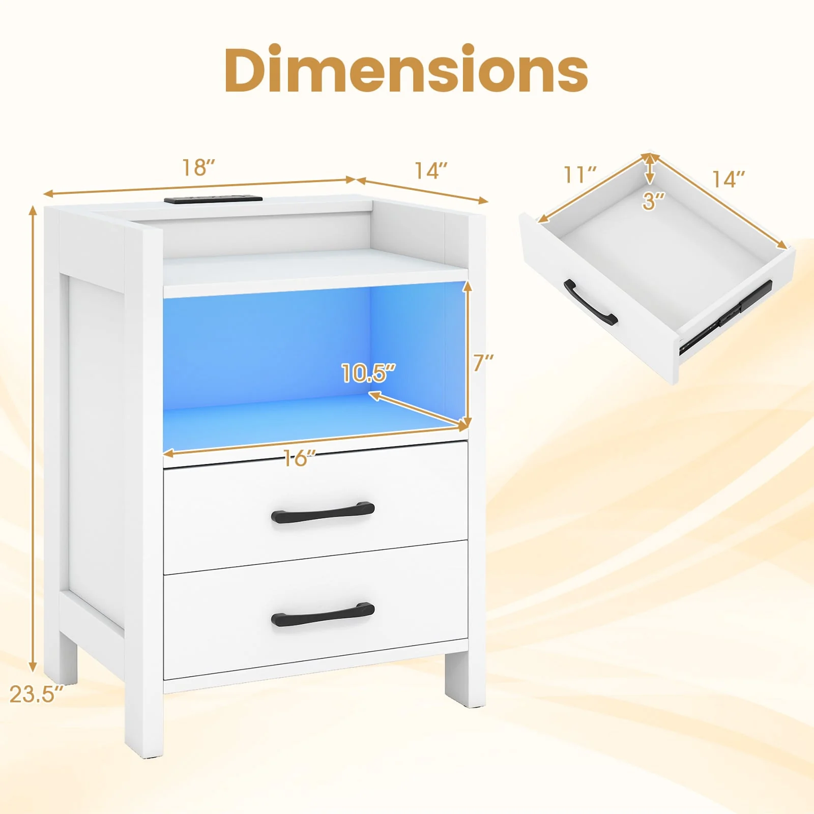 23.5 Inches Nightstand with Charging Station and Open Storage Shelf, White - Image 6