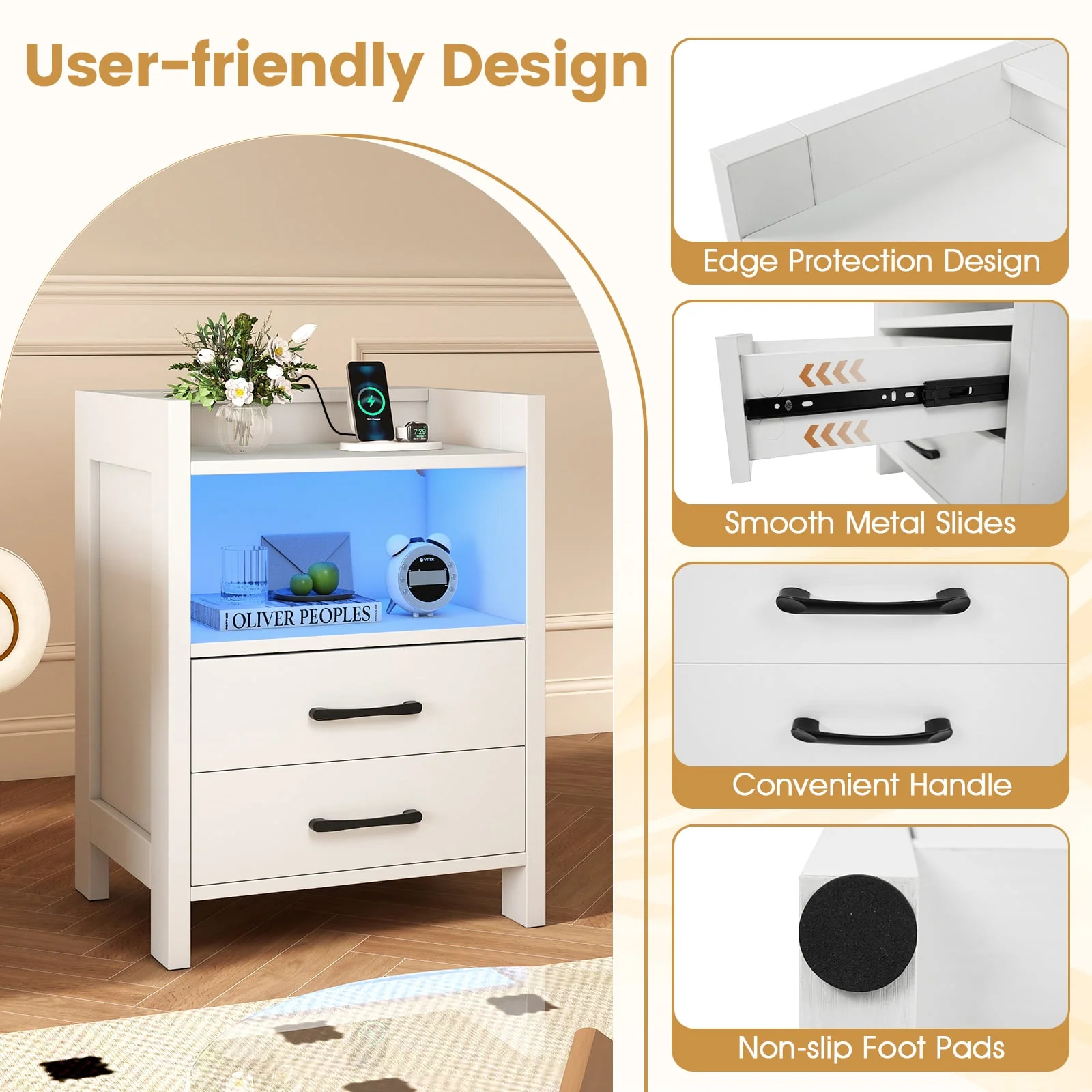23.5 Inches Nightstand with Charging Station and Open Storage Shelf, White - Image 8