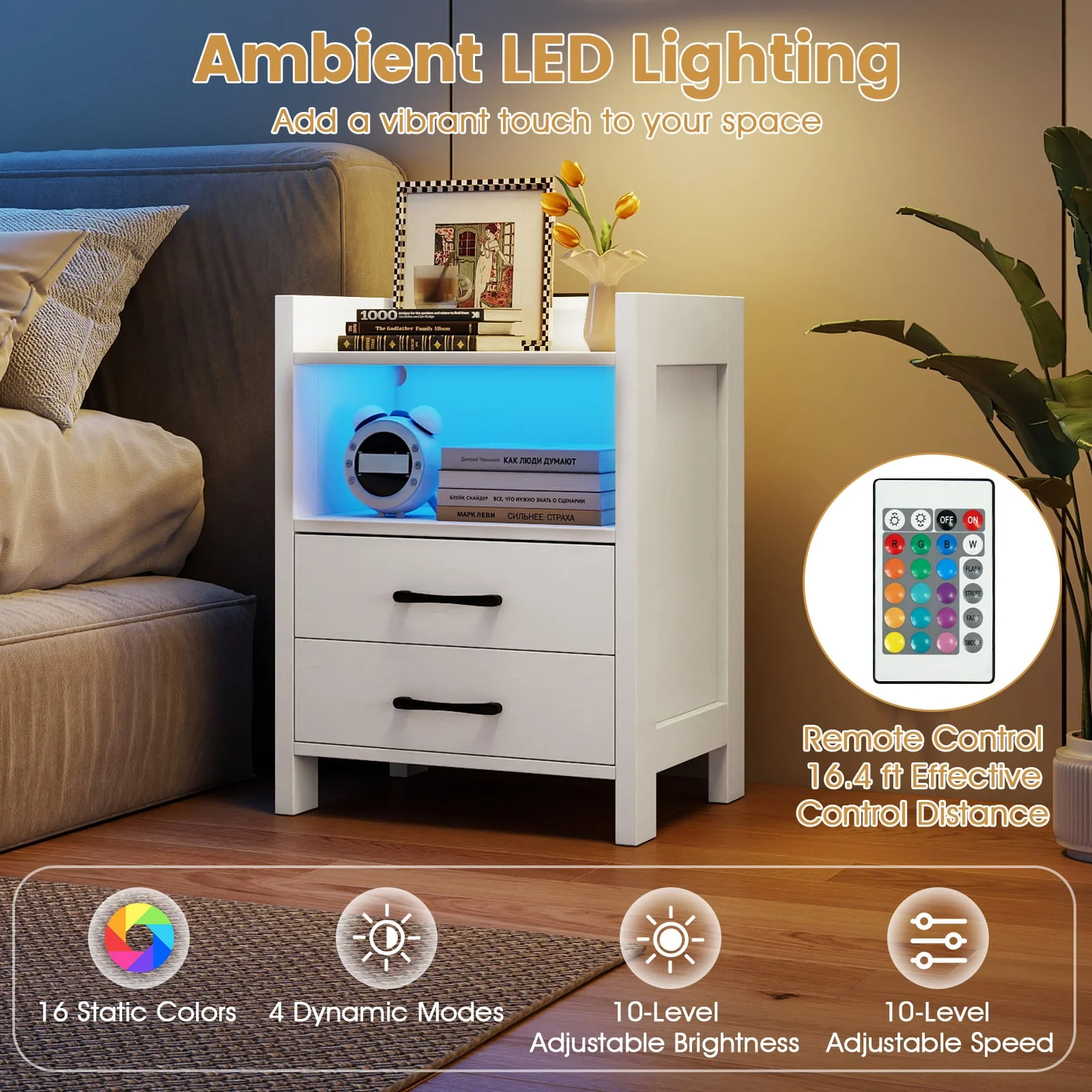 23.5 Inches Nightstand with Charging Station and Open Storage Shelf, White - Image 9