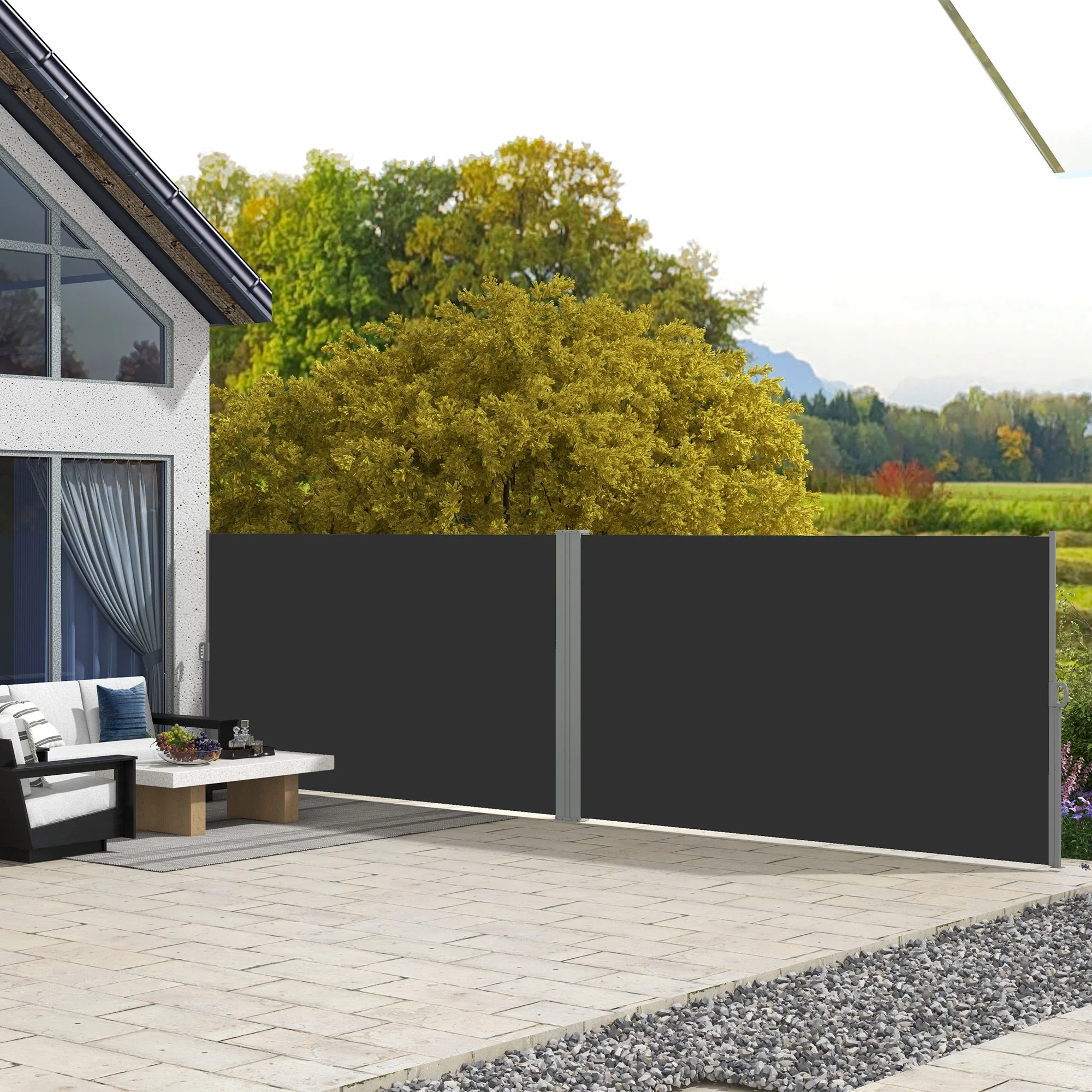 236" x 63" Outdoor Privacy Wall, Double Retractable Awning, Black - Image 2