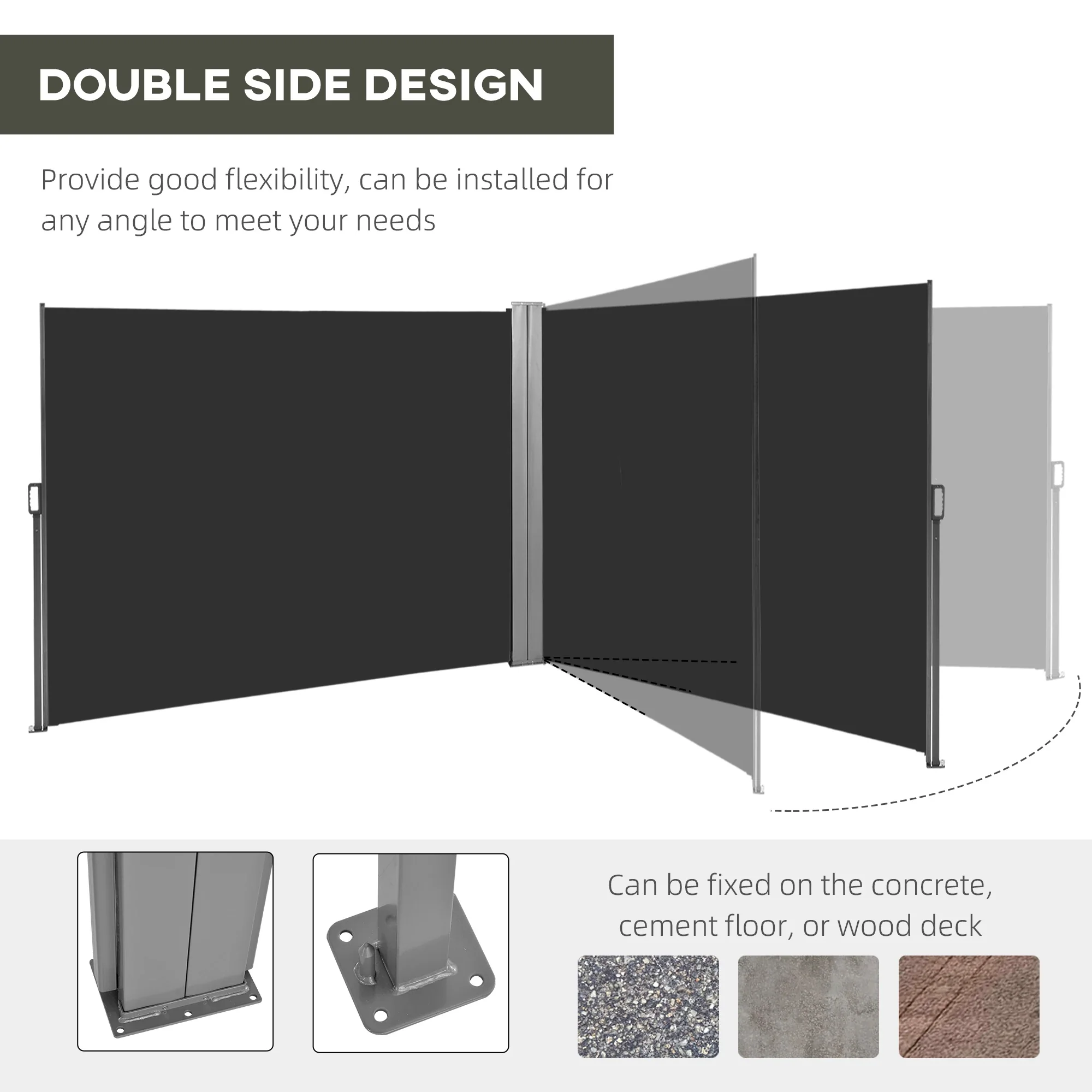236" x 63" Outdoor Privacy Wall, Double Retractable Awning, Black - Image 7