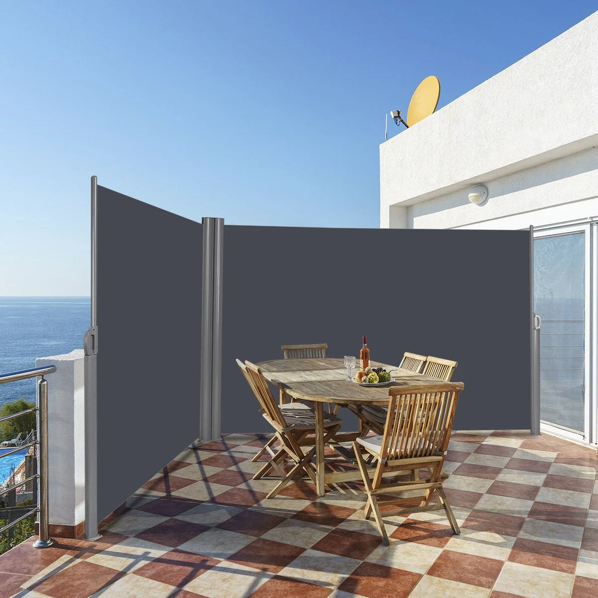 237 x 63 Inch Retractable Double Folding Patio Awning Screen Divider, Gray - Image 2