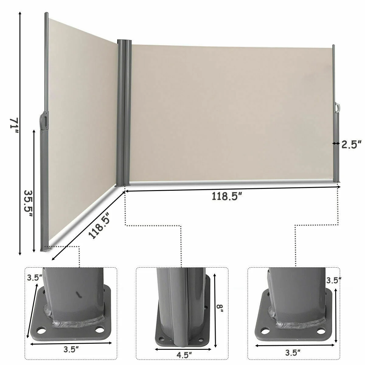 237 x 71 Inch Retractable Double Folding Patio Awning Screen Divider, Beige - Image 5