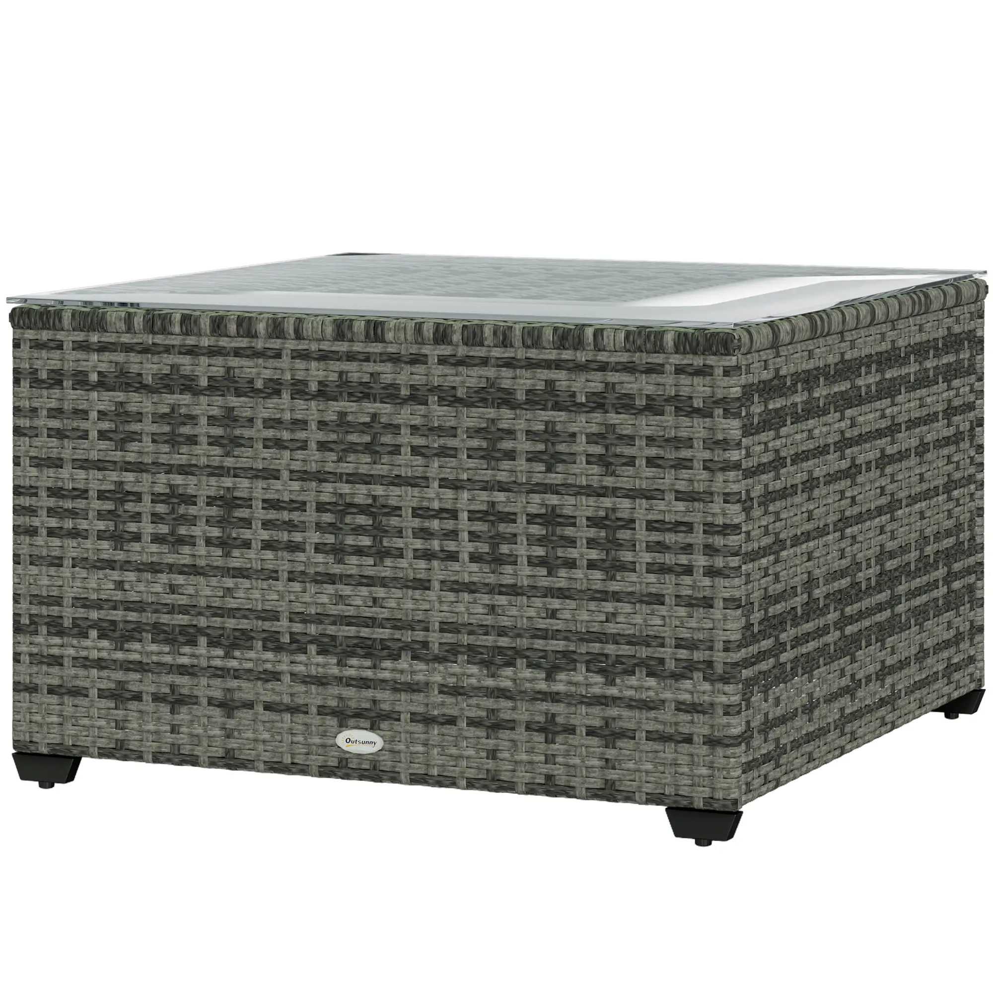 24.4" Patio Coffee Table, PE Rattan Outdoor Side Table, Tempered Glass Top, Light Grey