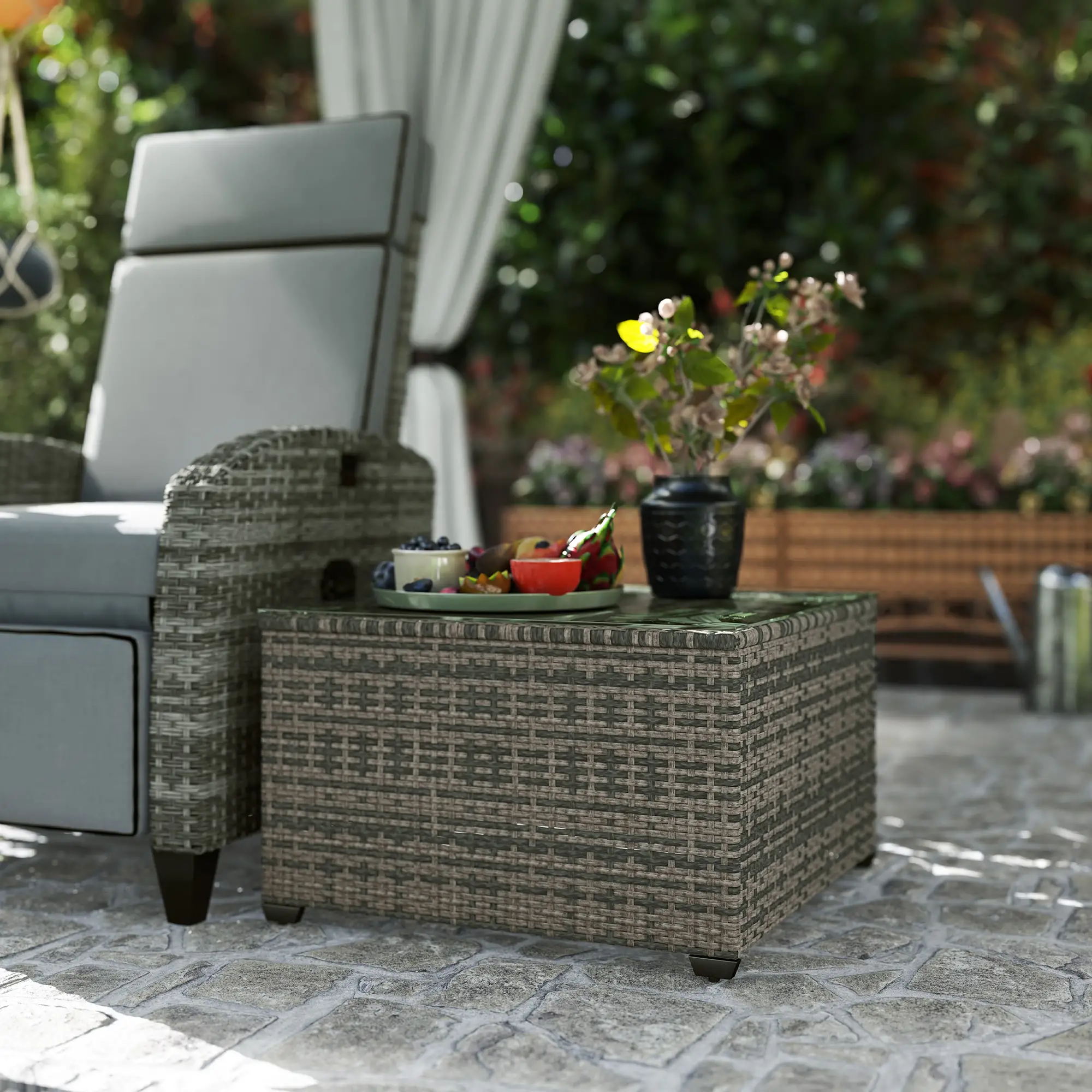 24.4" Patio Coffee Table, PE Rattan Outdoor Side Table, Tempered Glass Top, Light Grey - Image 10