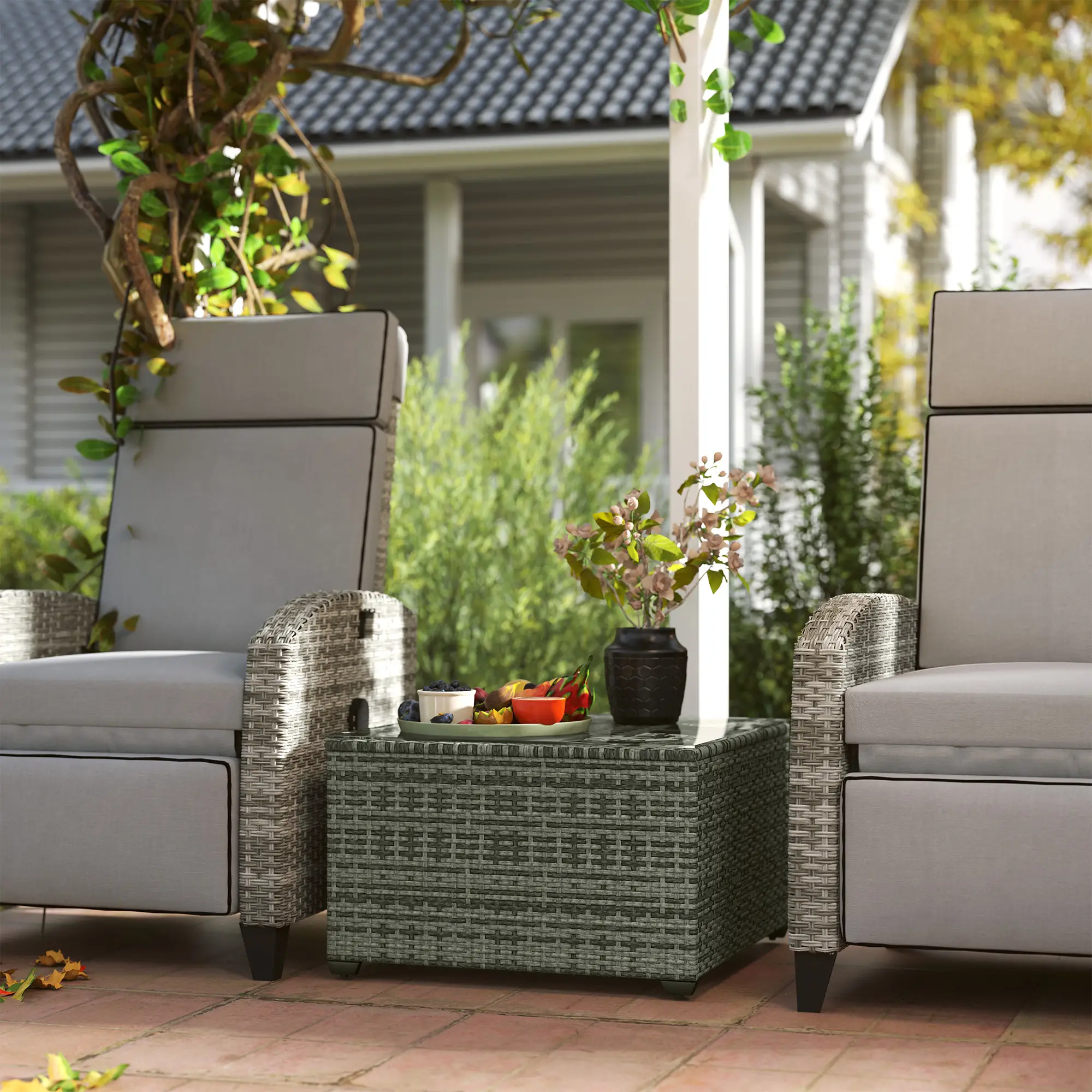 24.4" Patio Coffee Table, PE Rattan Outdoor Side Table, Tempered Glass Top, Light Grey - Image 2
