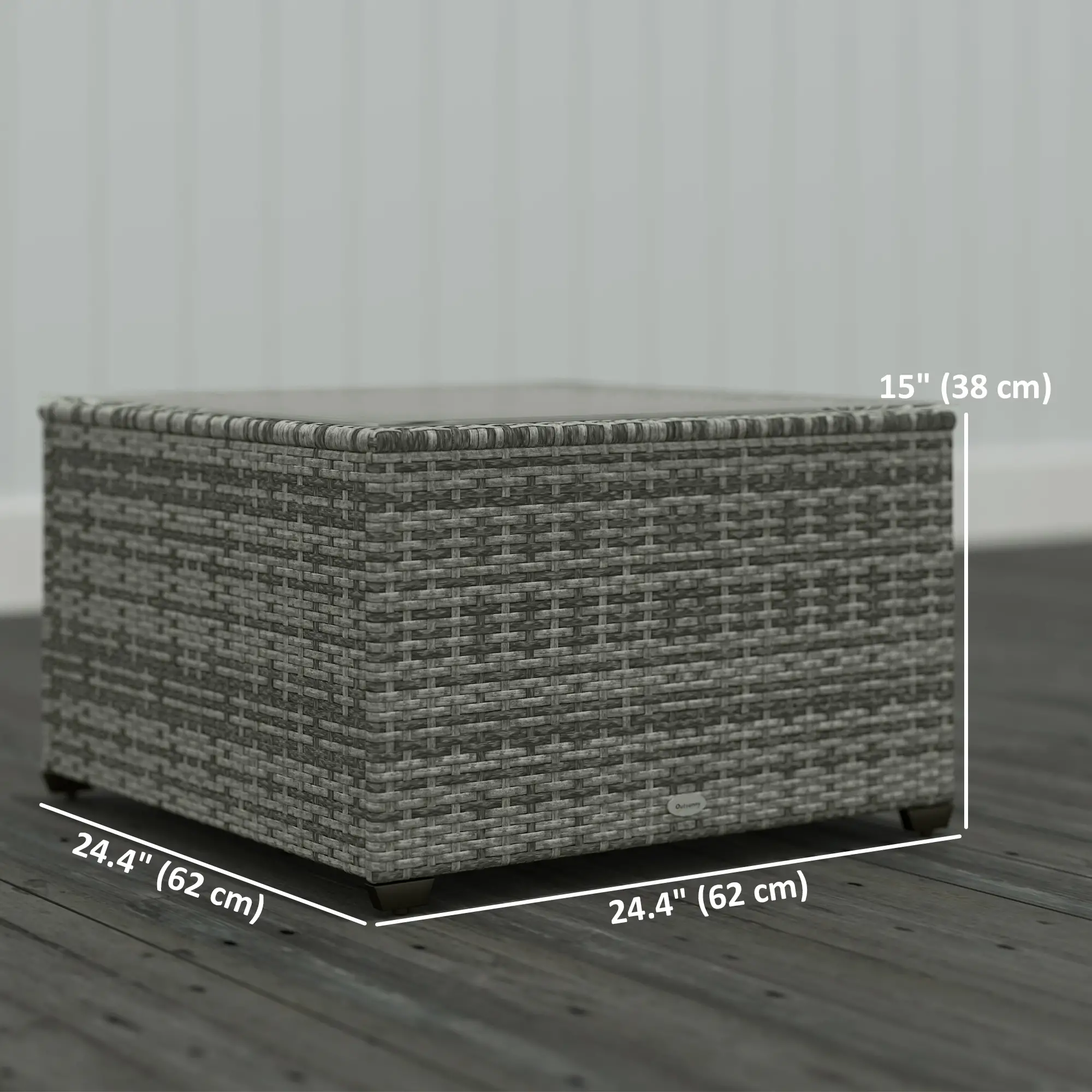 24.4" Patio Coffee Table, PE Rattan Outdoor Side Table, Tempered Glass Top, Light Grey - Image 3