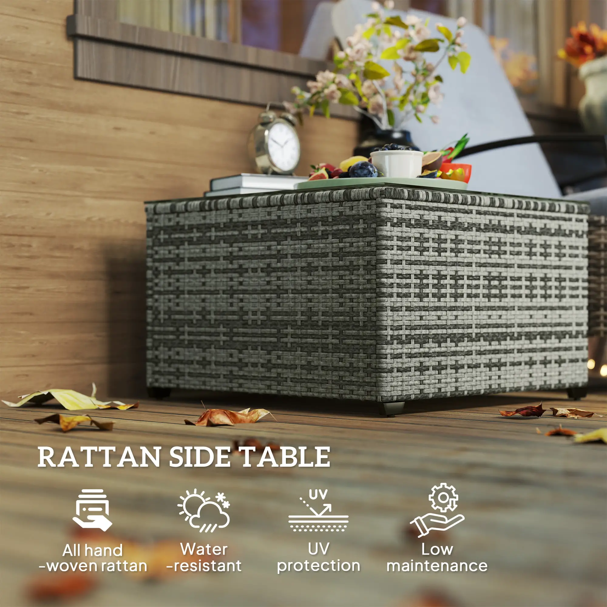 24.4" Patio Coffee Table, PE Rattan Outdoor Side Table, Tempered Glass Top, Light Grey - Image 4