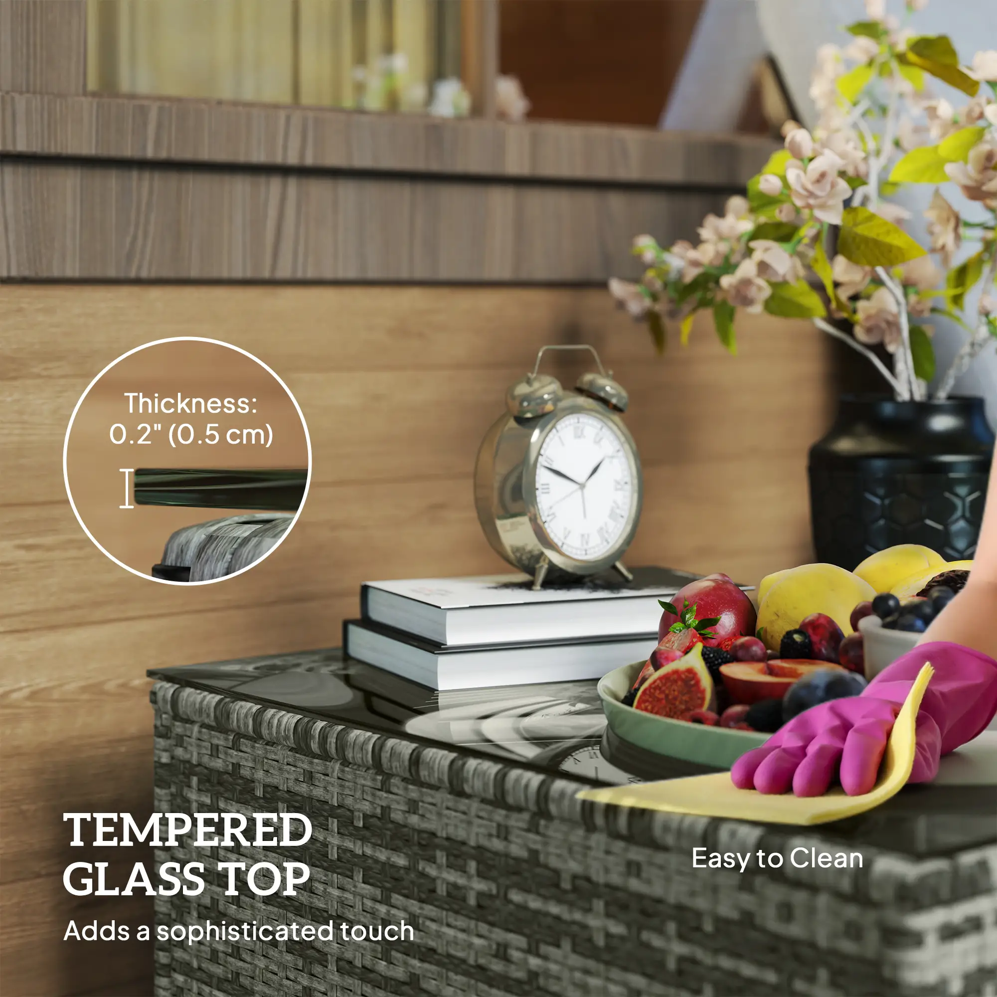 24.4" Patio Coffee Table, PE Rattan Outdoor Side Table, Tempered Glass Top, Light Grey - Image 5