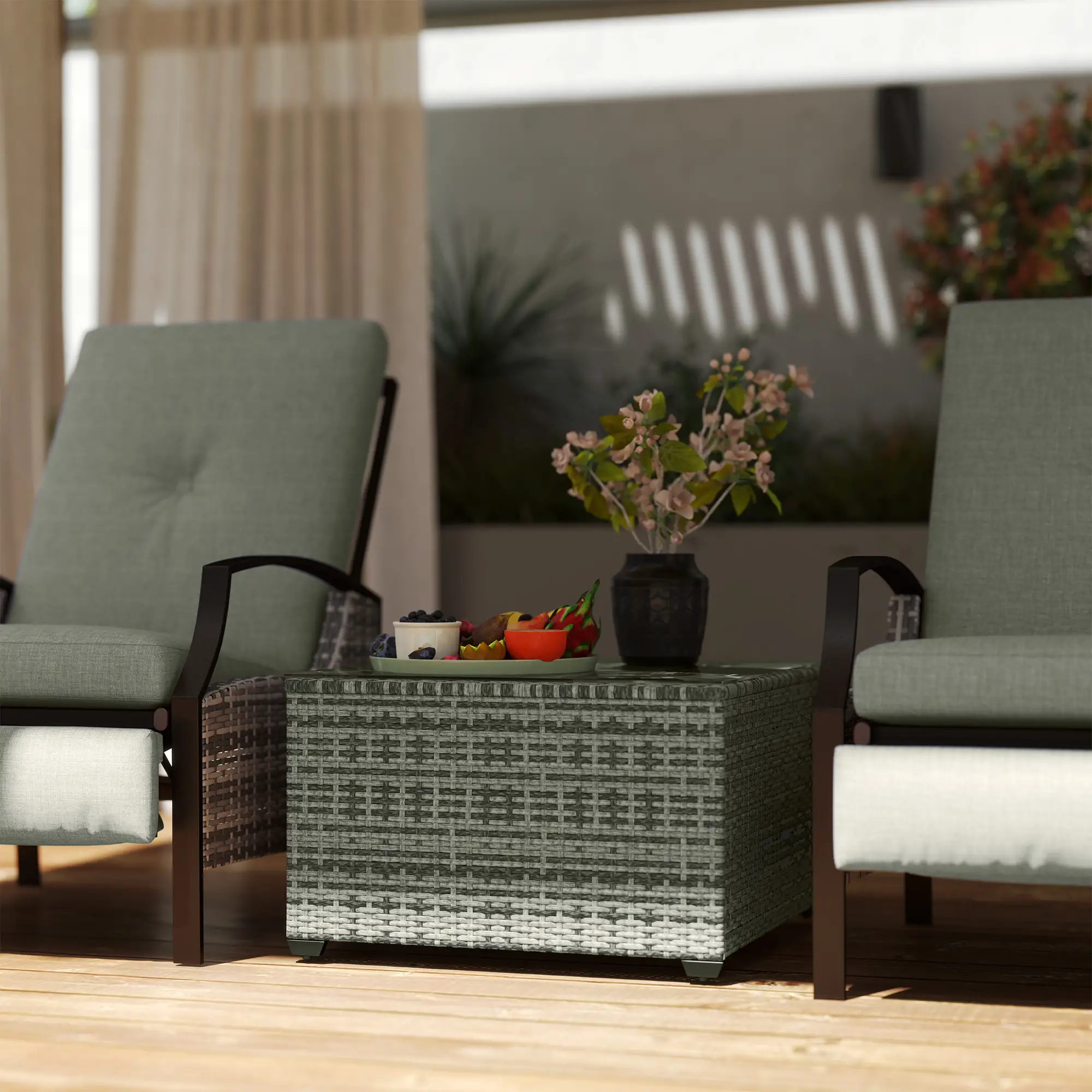 24.4" Patio Coffee Table, PE Rattan Outdoor Side Table, Tempered Glass Top, Light Grey - Image 8