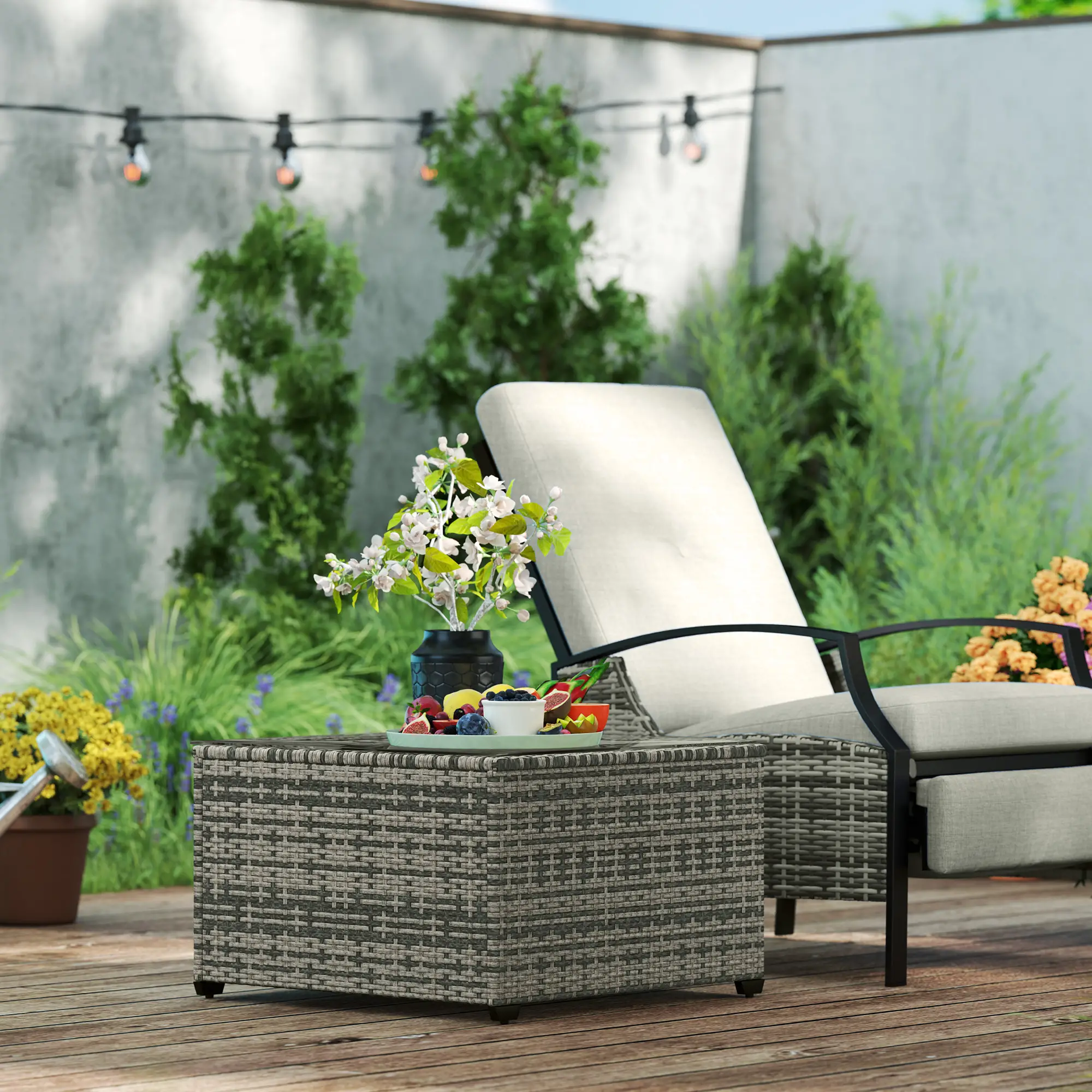 24.4" Patio Coffee Table, PE Rattan Outdoor Side Table, Tempered Glass Top, Light Grey - Image 9