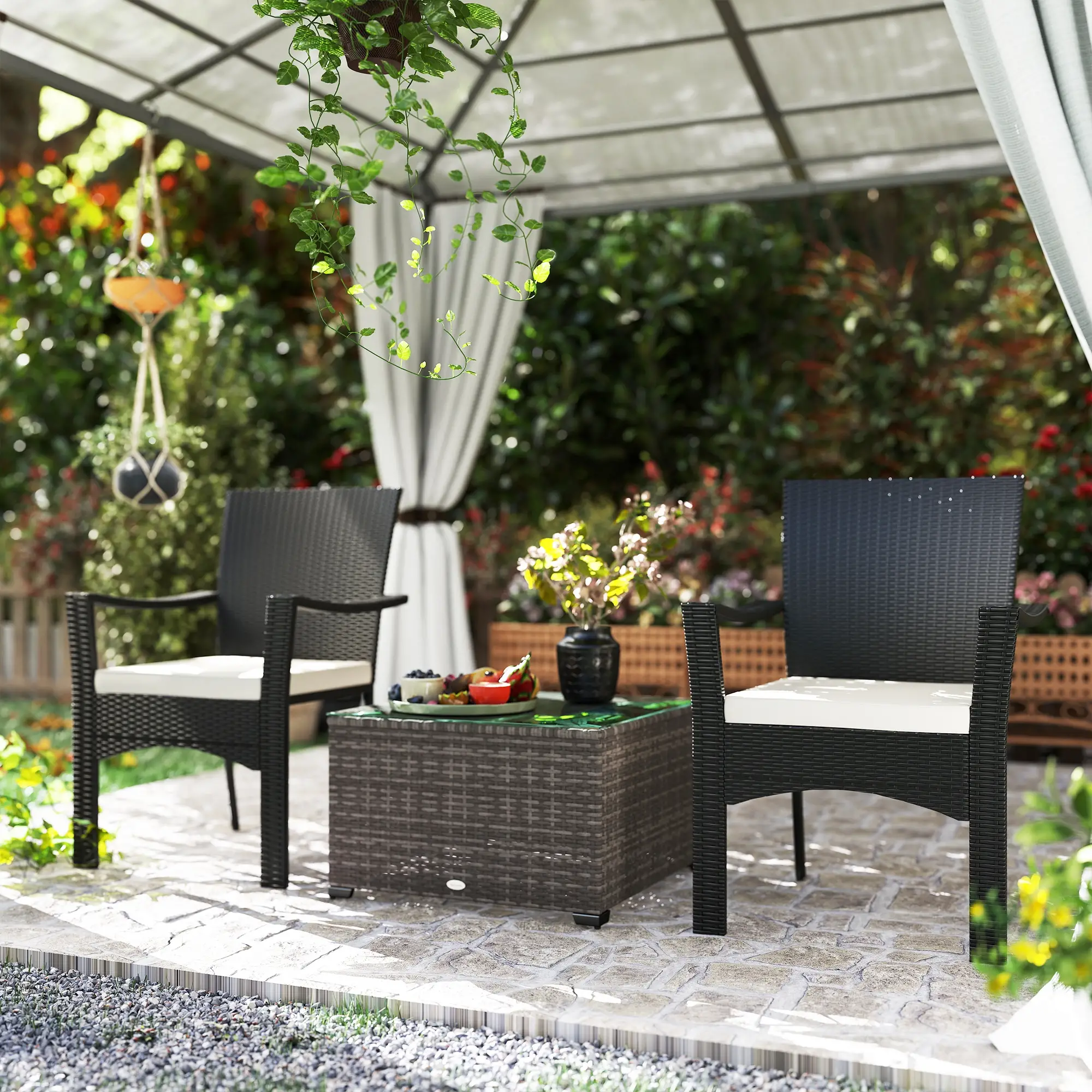 24.4" Patio Wicker Coffee Table, PE Rattan With Tempered Glass Top, Black - Image 10
