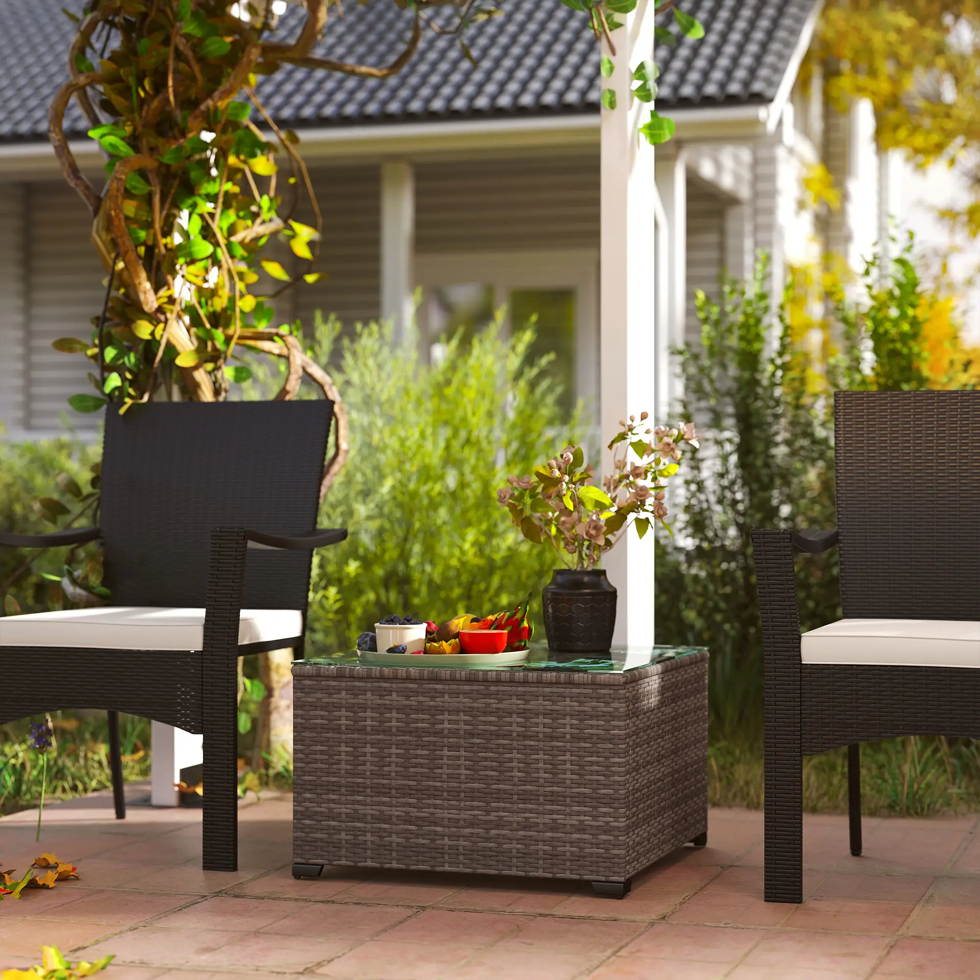 24.4" Patio Wicker Coffee Table, PE Rattan With Tempered Glass Top, Black - Image 2
