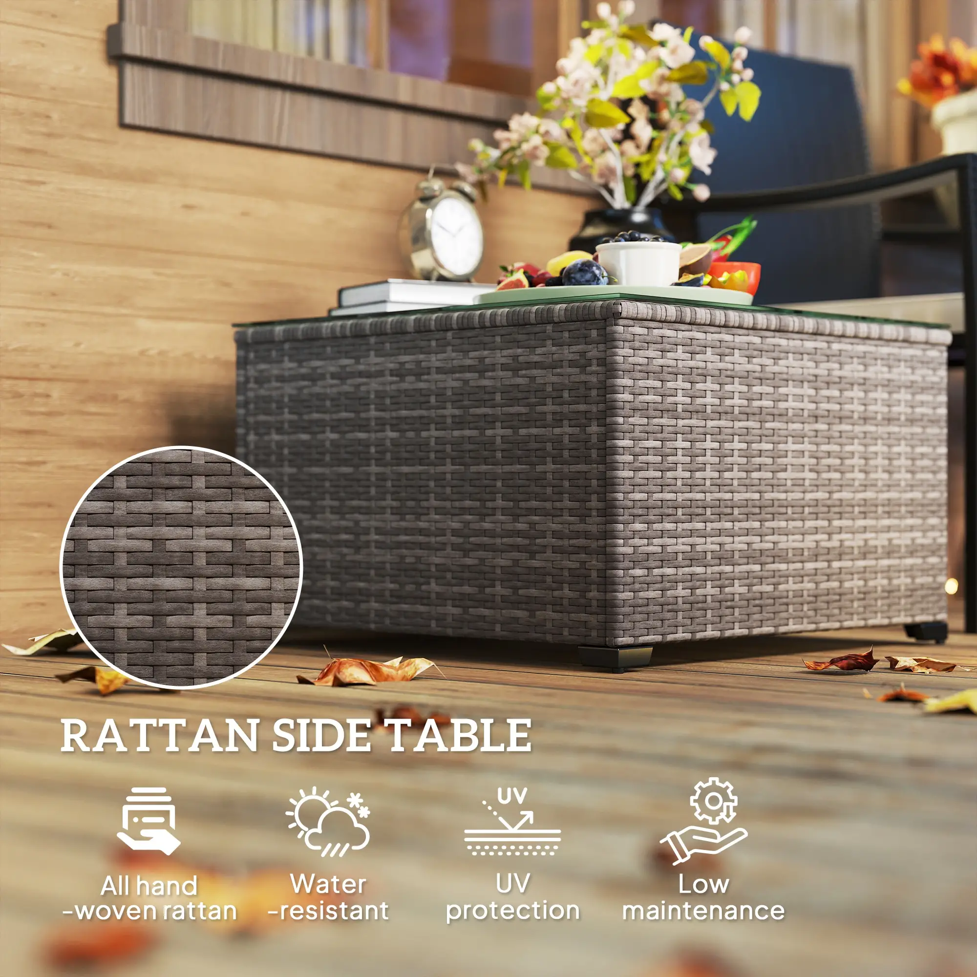 24.4" Patio Wicker Coffee Table, PE Rattan With Tempered Glass Top, Black - Image 4
