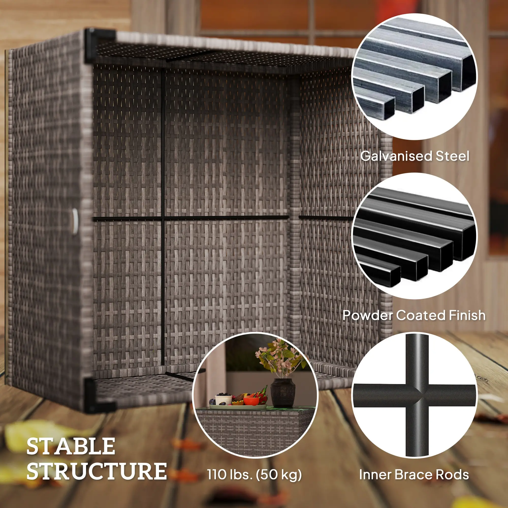 24.4" Patio Wicker Coffee Table, PE Rattan With Tempered Glass Top, Black - Image 6